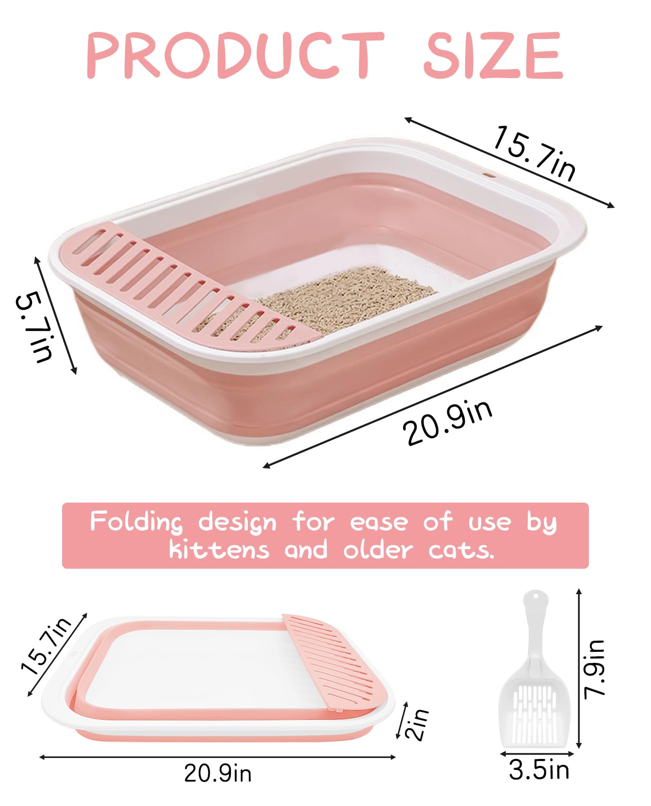 BNOSDM Foldable Small Cat Litter Box - Pink Collapsible Potty Pan for Kittens, Waterproof with Scoop, Ideal for Travel and Senior Cats