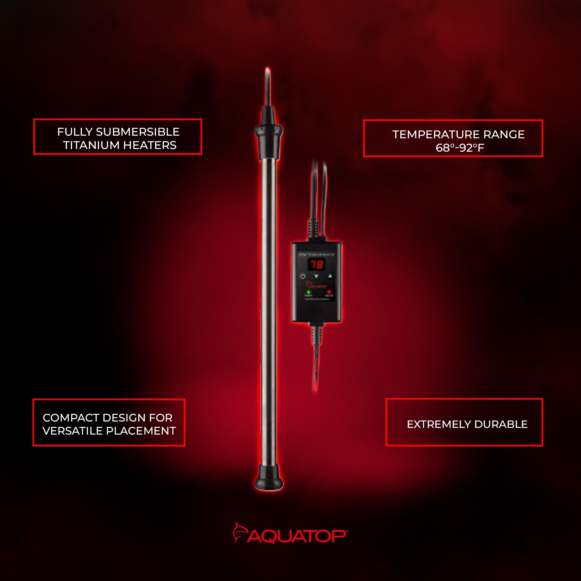 Aquatop 400W Titanium Heater with Controller - Fully Submersible - Up to 125 Gal - 68-92F Adjustable Temperature - for Fresh and