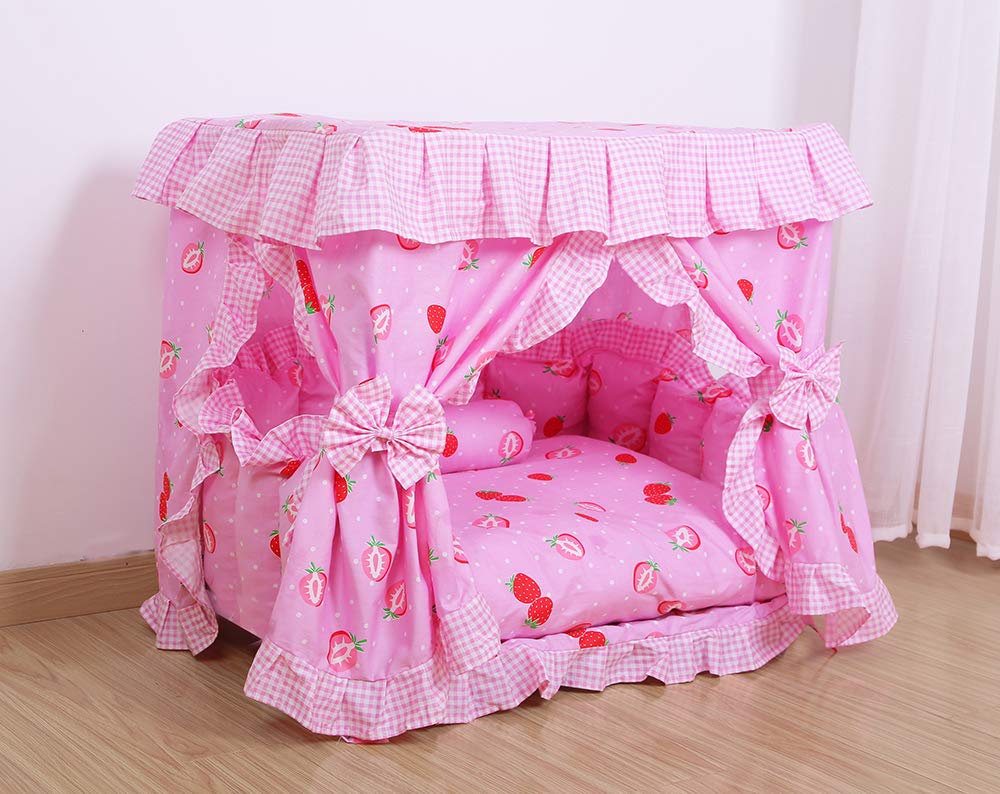 Kolachic Princess Pink Strawberry Pet Dog Cat Handmade Bed House+1 Candy Pillow Canopy (S)