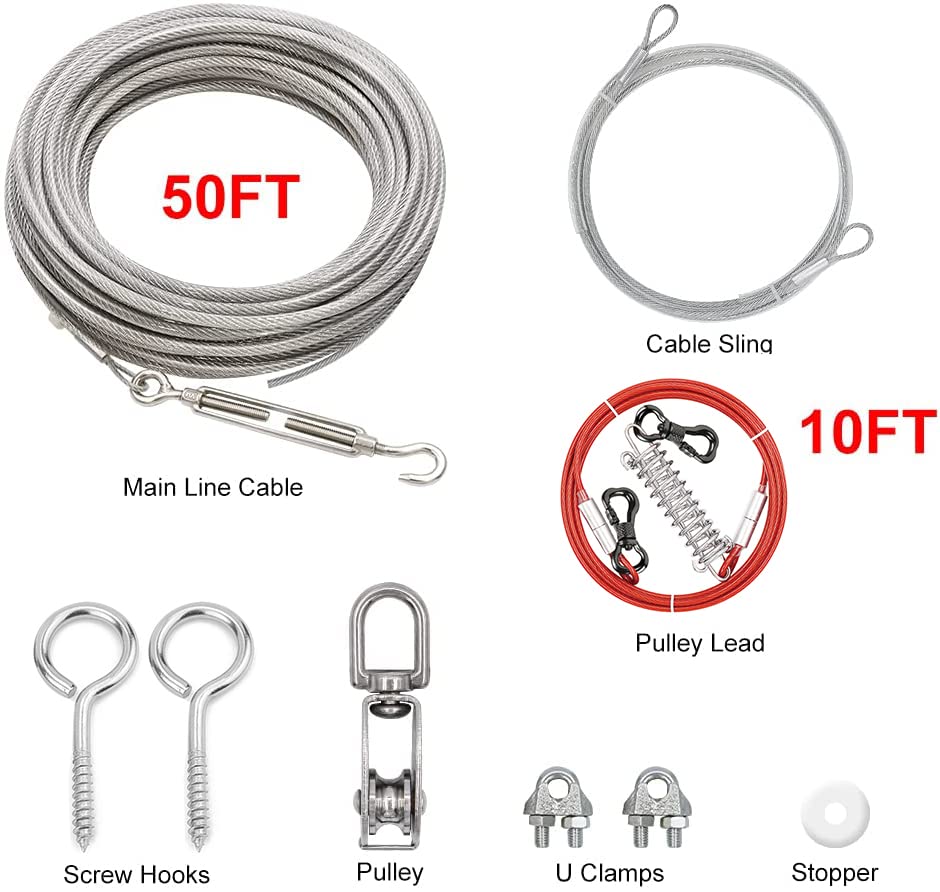Xiaz Dog Tie Out Cable, 50Ft Dog Trolley Runner Cable For Dogs Up To 200Lbs,Heavy Duty Dog Lead For Yard, Camping, Outdoor, With 10Ft Pulley Runner Line With Spring