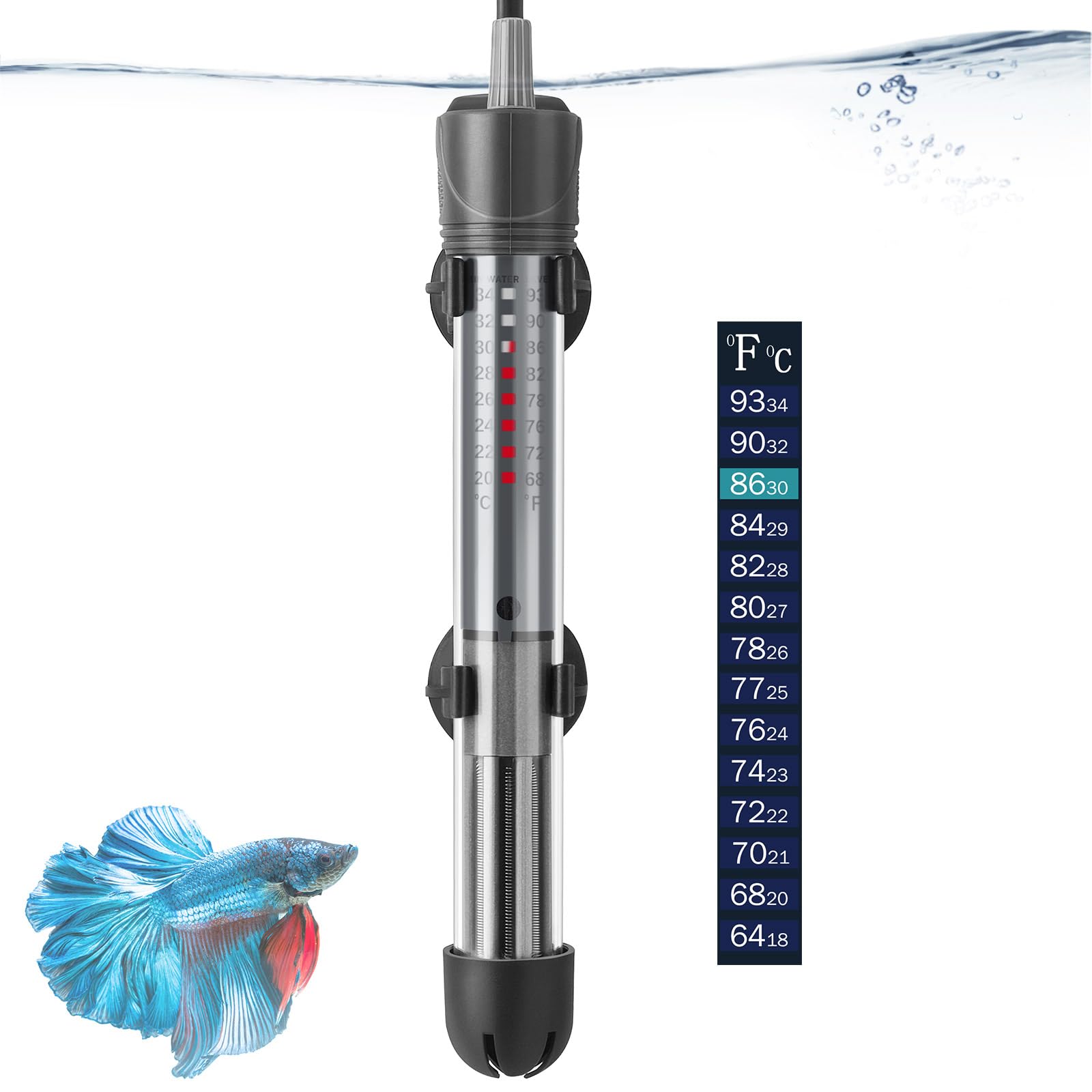 Hitop 25W 50W Adjustable Aquarium Heater, Submersible Fish Tank Heater Thermostat With Suction Cup (25W)