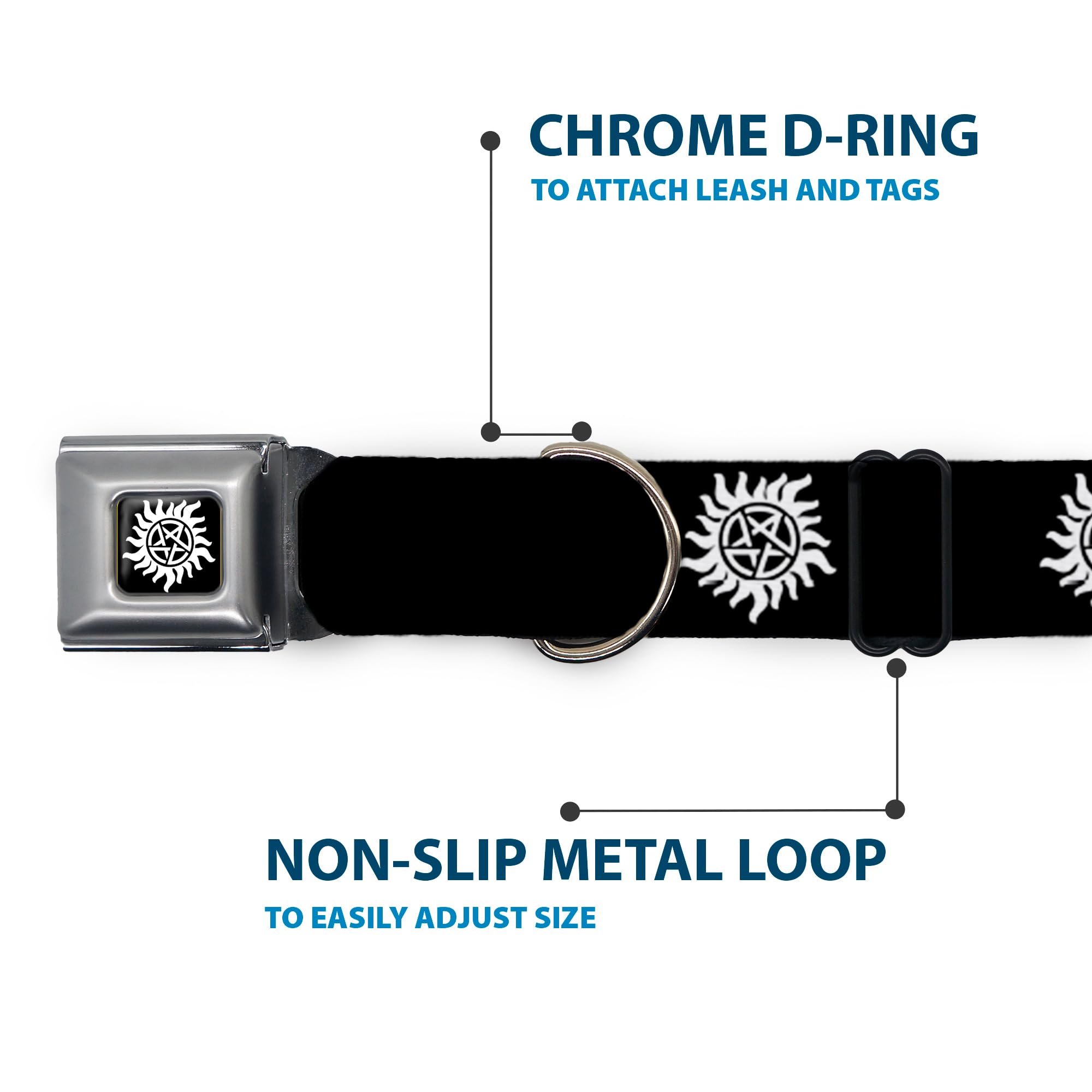 Buckle-Down Dog Collar Seatbelt Buckle Winchester Pentagram Repeat Black White 16 To 23 Inches 1.5 Inch Wide