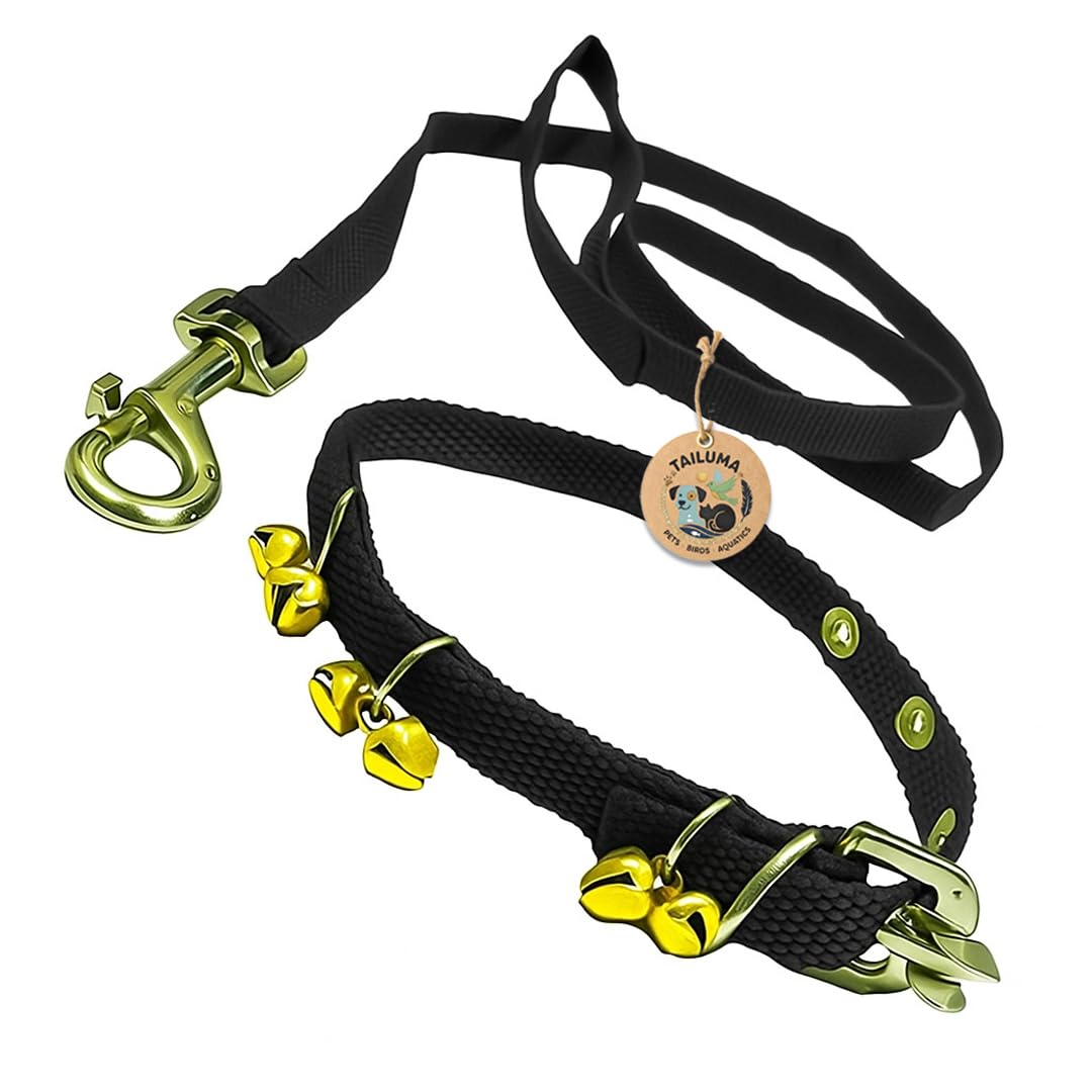 Tailuma Nylon Black Ghungroo Neck Collar Belt And Leash With Adjustable Stainless Steel Hook Set Ideal For Training/Walking Dogs