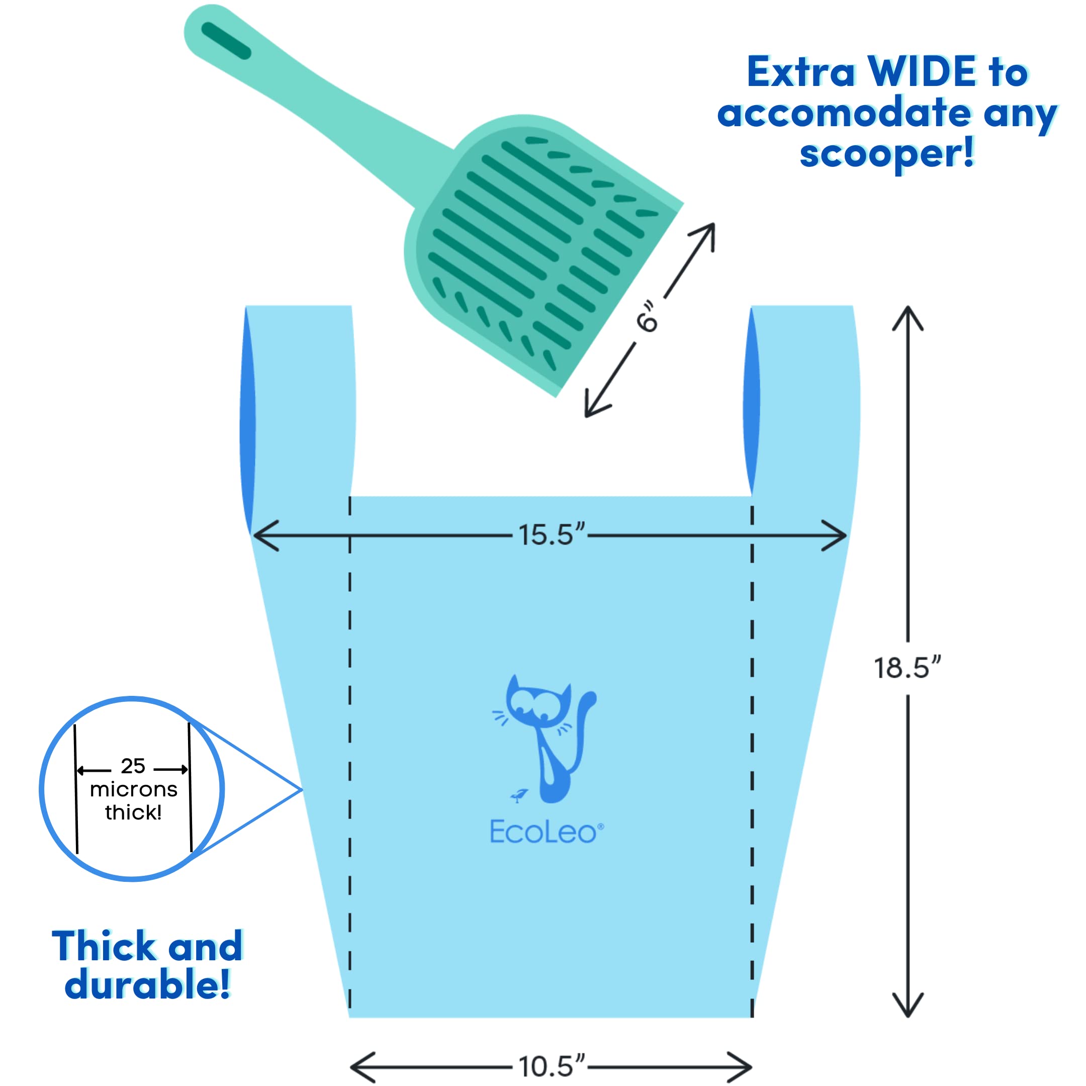 Cat Litter Waste Poop Bags - X-Large, Compostable, Plastic-free, Thick, Leak Proof, Pet/Dog Poo Bags with Easy-Tie Handles,10.5
