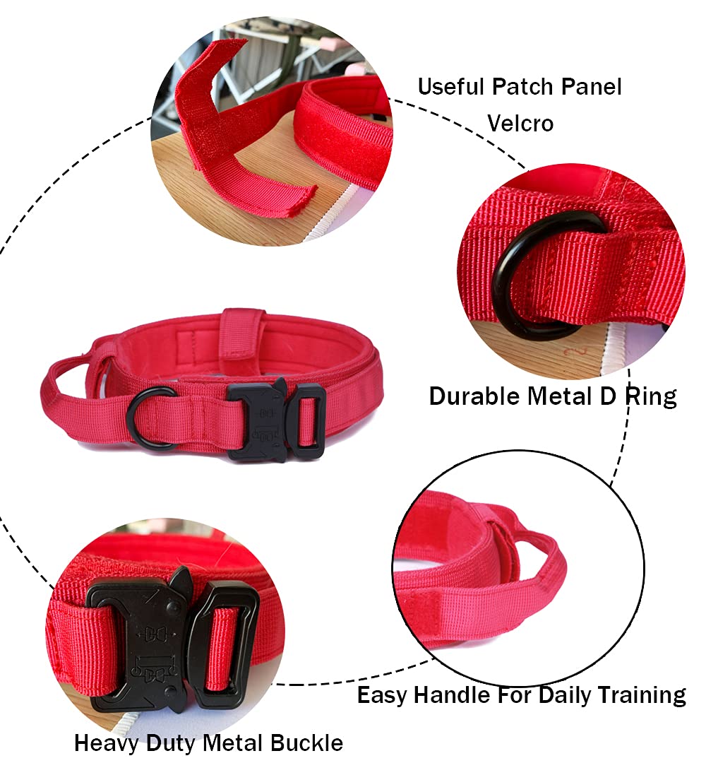 Tactical Dog Collar And Leash Set Tactical Dog Collar With Handle Bungee Leash Adjustable Military Training Nylon Collar Dog Training Collar Leash Set With Control Handleand Metal Buckle (Red L