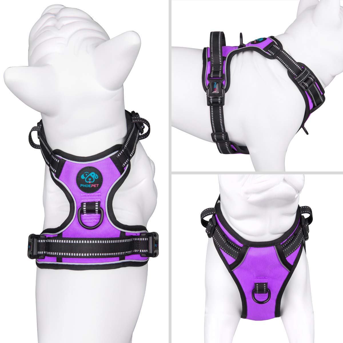 PHOEPET No Pull Dog Harness Medium Reflective Front Clip Puppy Vest with Handle,Adjustable 2 Metal Leash Attachment Hooks(M, Pur
