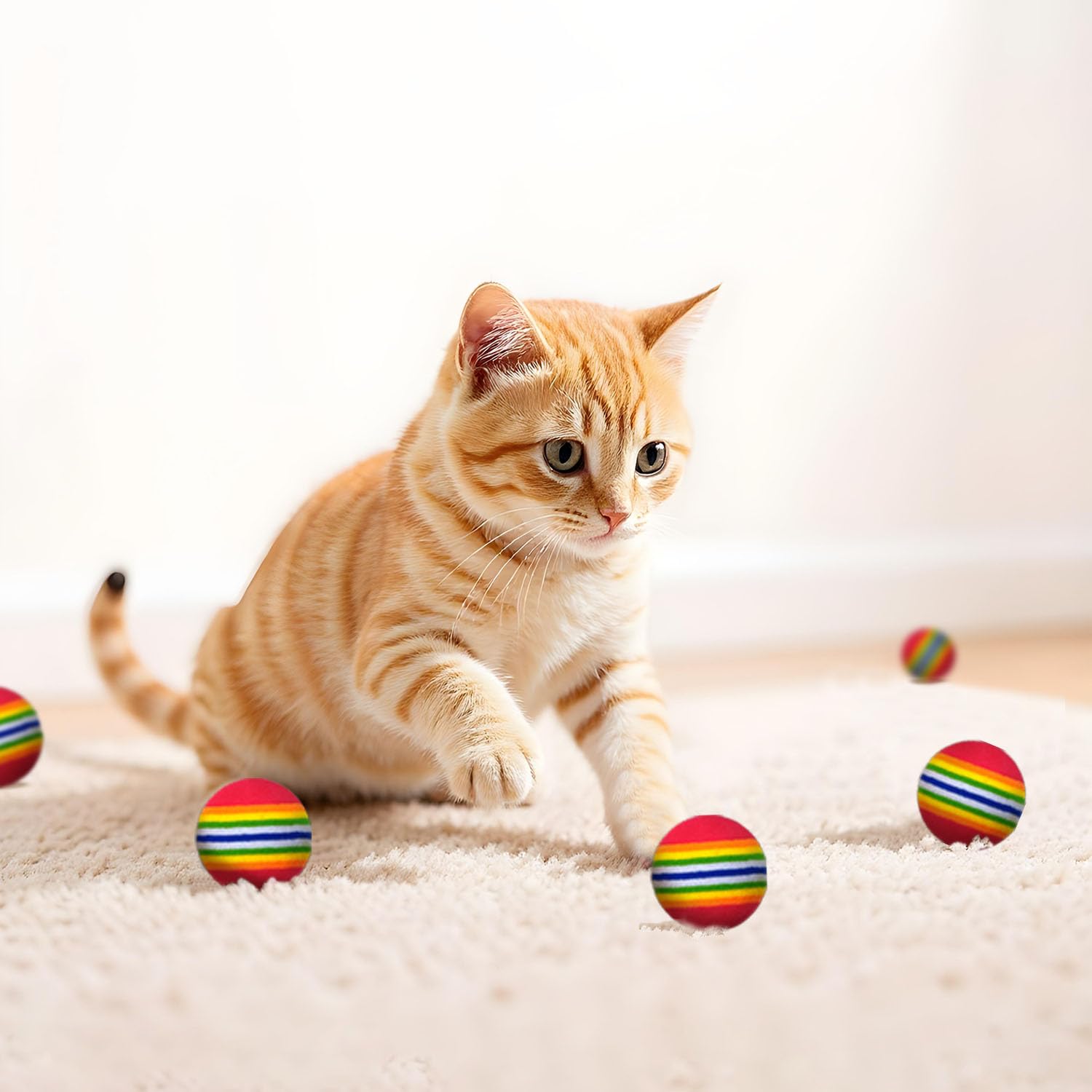 YULOYI Cat Toys for Indoor Cats, Cat Toys Balls, 20 Packs Interactive Cat Toy Set with Colorful Bell, Jingle Bell, Rainbow, Pomp