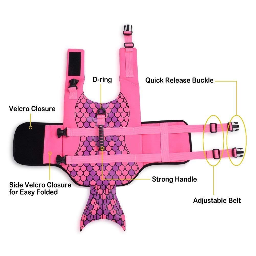 Queenmore Dog Life Jacket Ripstop Shark Dog Safety Vest Adjustable Preserver With High Buoyancy And Durable Rescue Handle For Small,Medium,Large Dogs, Pink Fish Medium