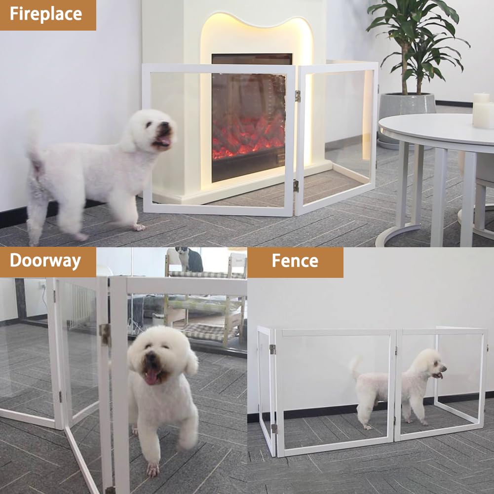 Foreng Extra Wide Clear Dog Gate 24  Tall Clear Acrylic Freestanding Dog gateTransparent Pet Gate for Doorways Stairs 3 Panel(55