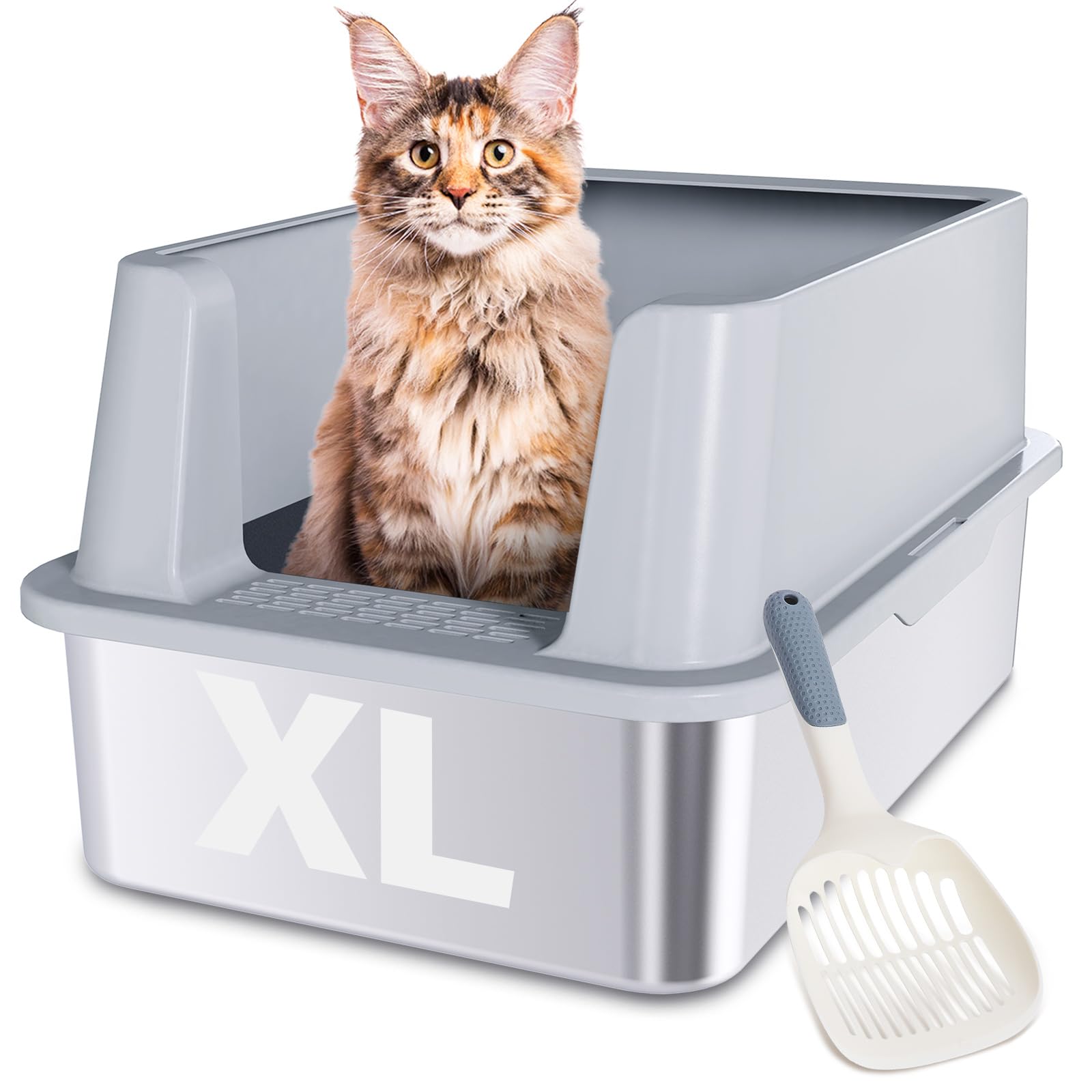 Futam Stainless Steel Litter Box With Lid, Xl Metal Litter Box With Scooper, Anti-Urine Leakage Litterbox High Sides For Big Kit