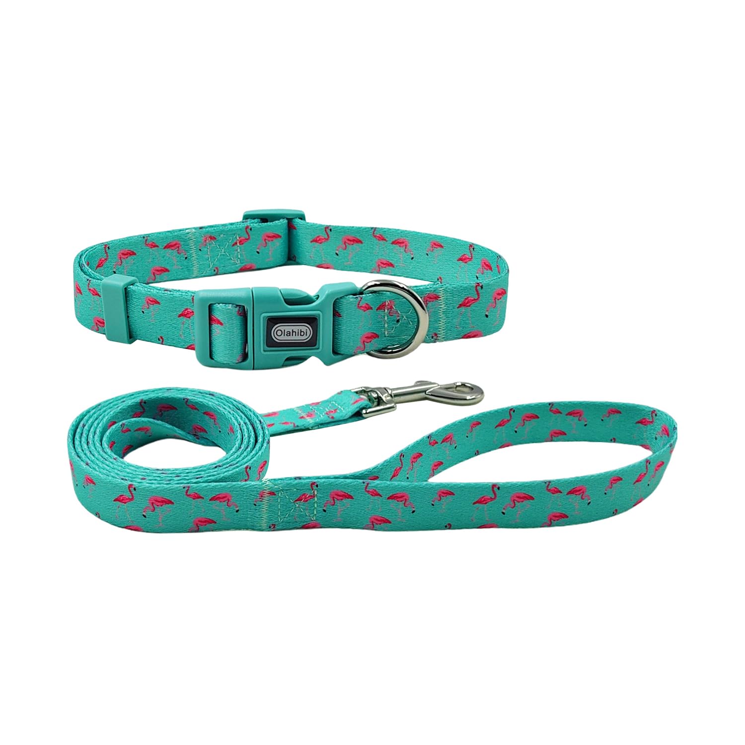 Olahibi Dog Collar Leash Set, Flamingo Pattern, Polyester Material, Adjustable Collar And 5Ft Matching Leash, For Medium Dogs.(M