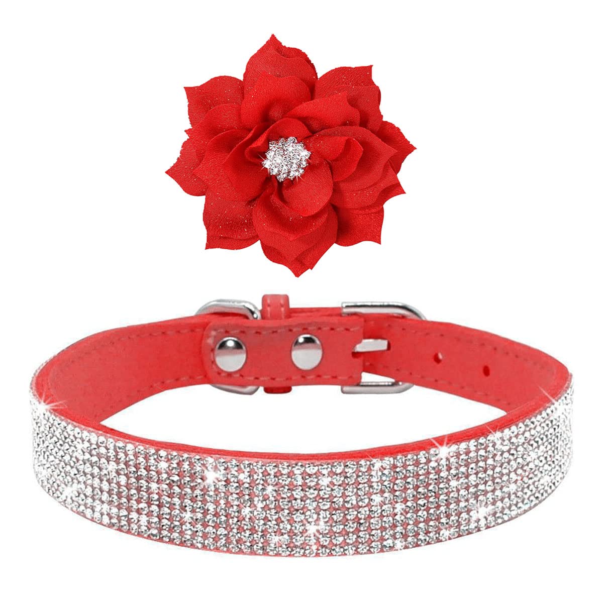 Haoyueer Cute Dazzling Sparkling Soft Suede Leather Dog Rhinestone Collar Crystal Diamond Pet Dog Puppy Collar (Red, L)
