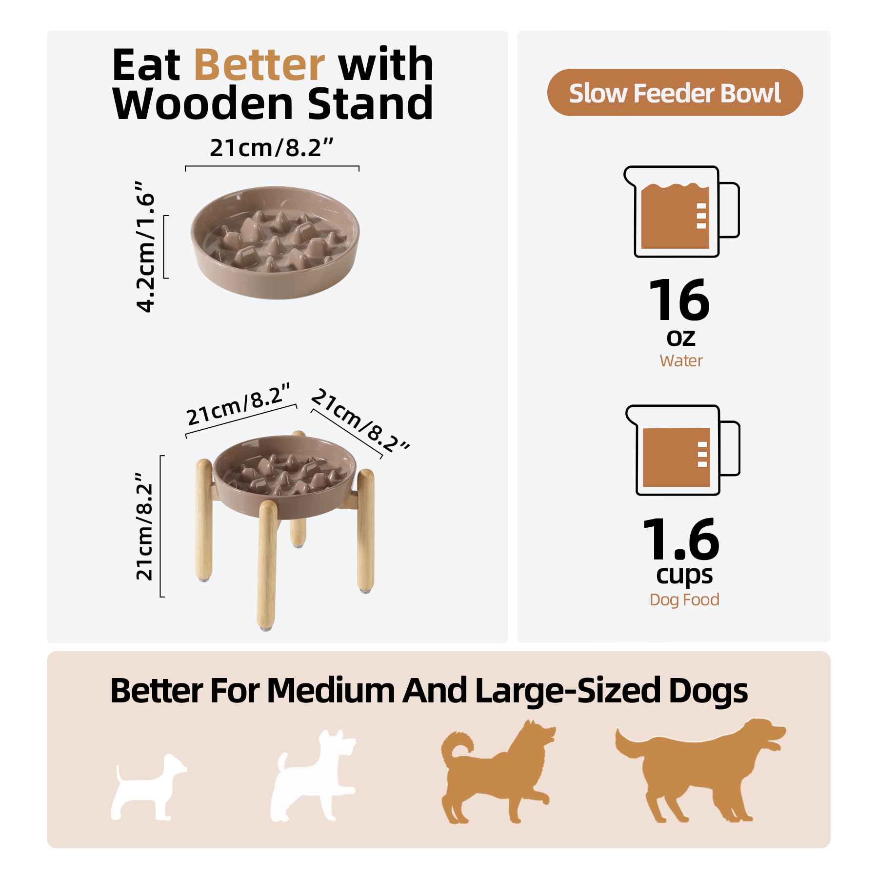 Havniva Ceramic 1.6 Cup Dog Raised Slow Feeder Set, Elevated Bowl with Wooden Stand for Medium and Large Dog, 8.2inch Slow Feede