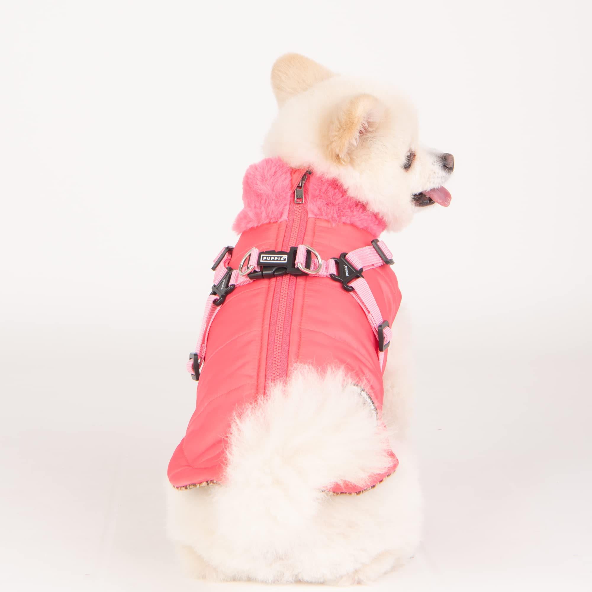 Puppia Donavan Winter Dog Coat With Integrated Harness No Pull Cold Weather Waterproof Warm Fleece Back Zipper For Small & Medium Dog, Pink, X-Large
