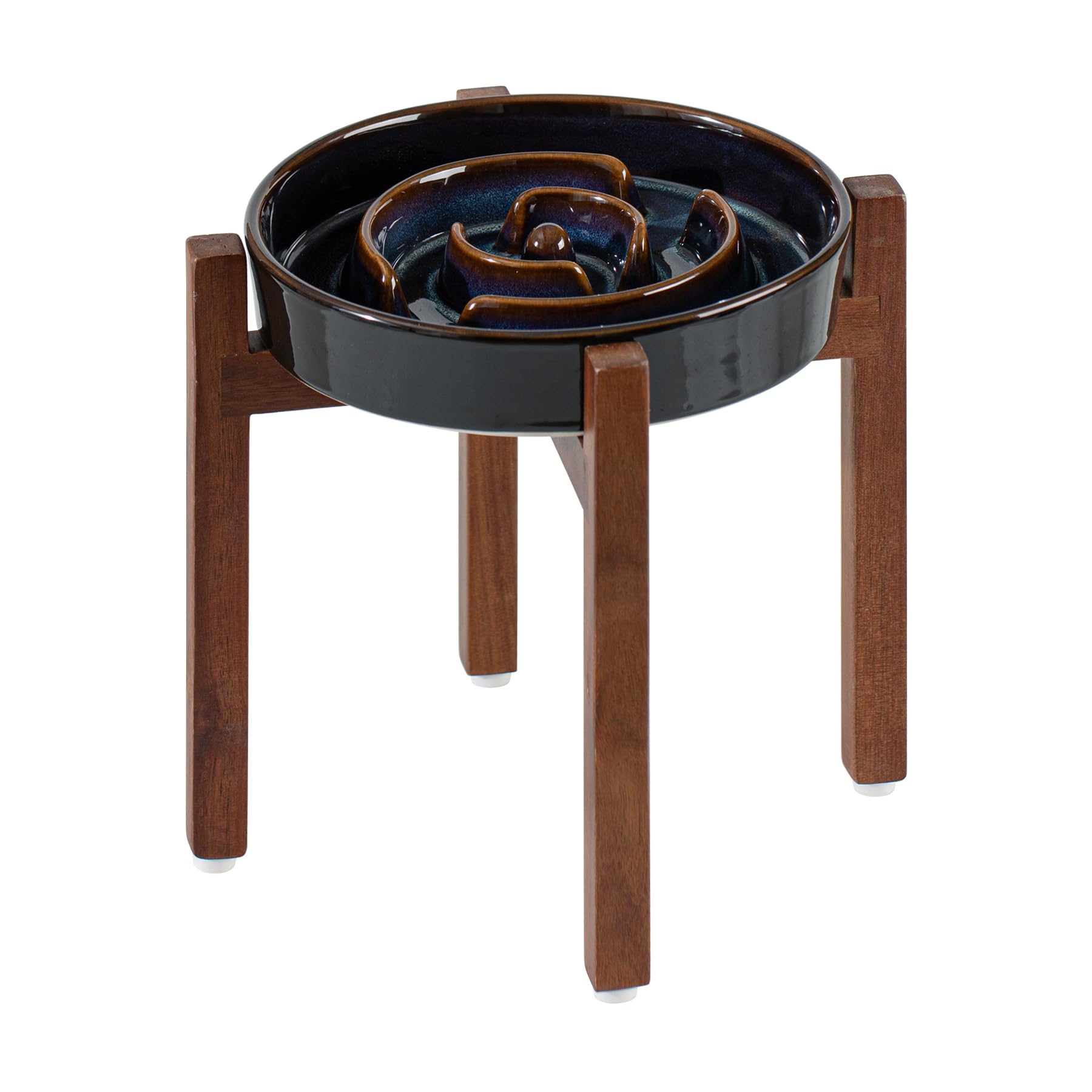 Havniva Ceramic 1.6 Cup Raised Slow Feeder Dog Bowl Set, Elevated 7.3inch Bowl and 8.2inch Dish with Acacia Wood Stand for Mediu
