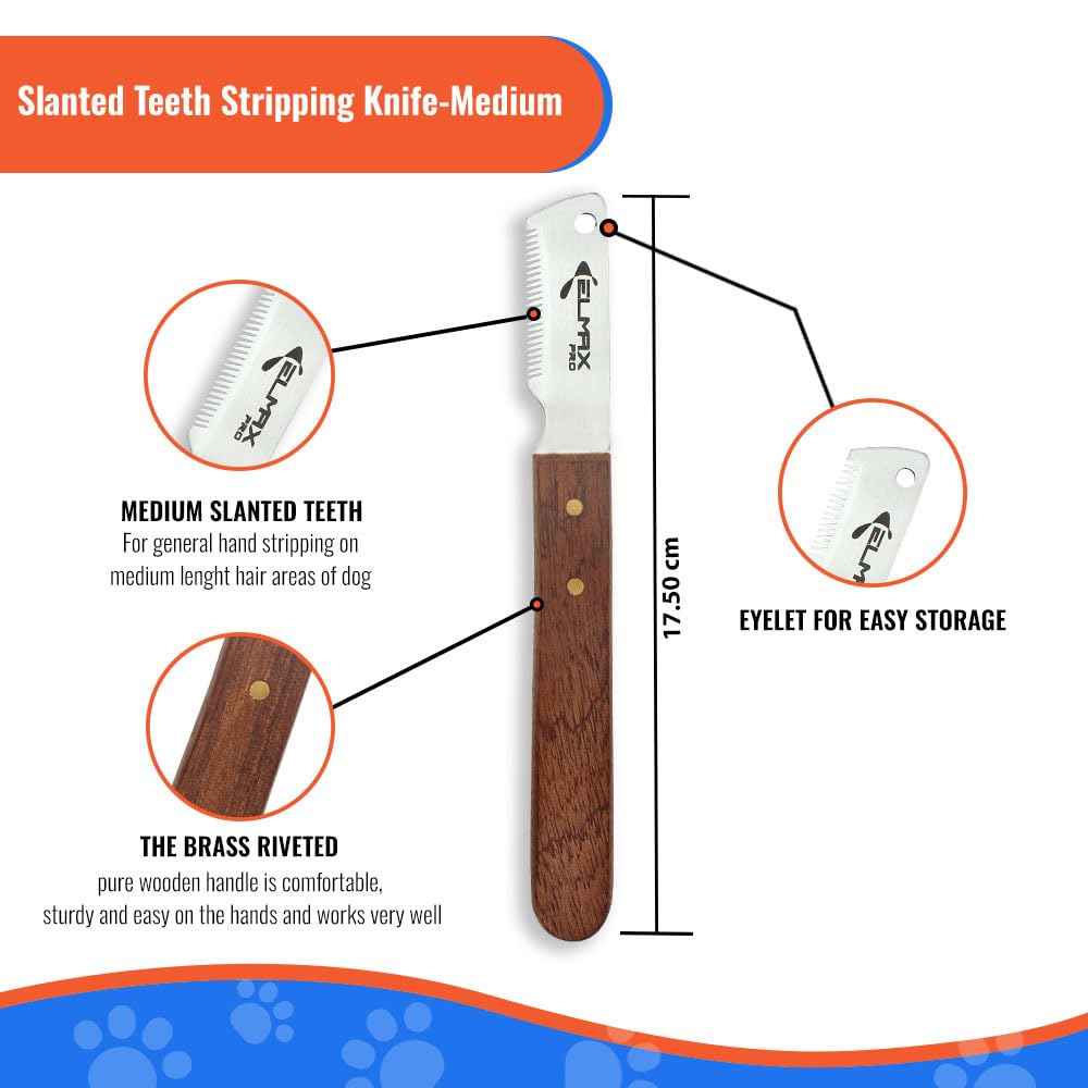 Elmax Pro Slant Tooth Stripping Knife Set for Dogs, Pack of 4, Stainless Steel Blades, Rosewood Handle, Right-Handed Grooming Tools