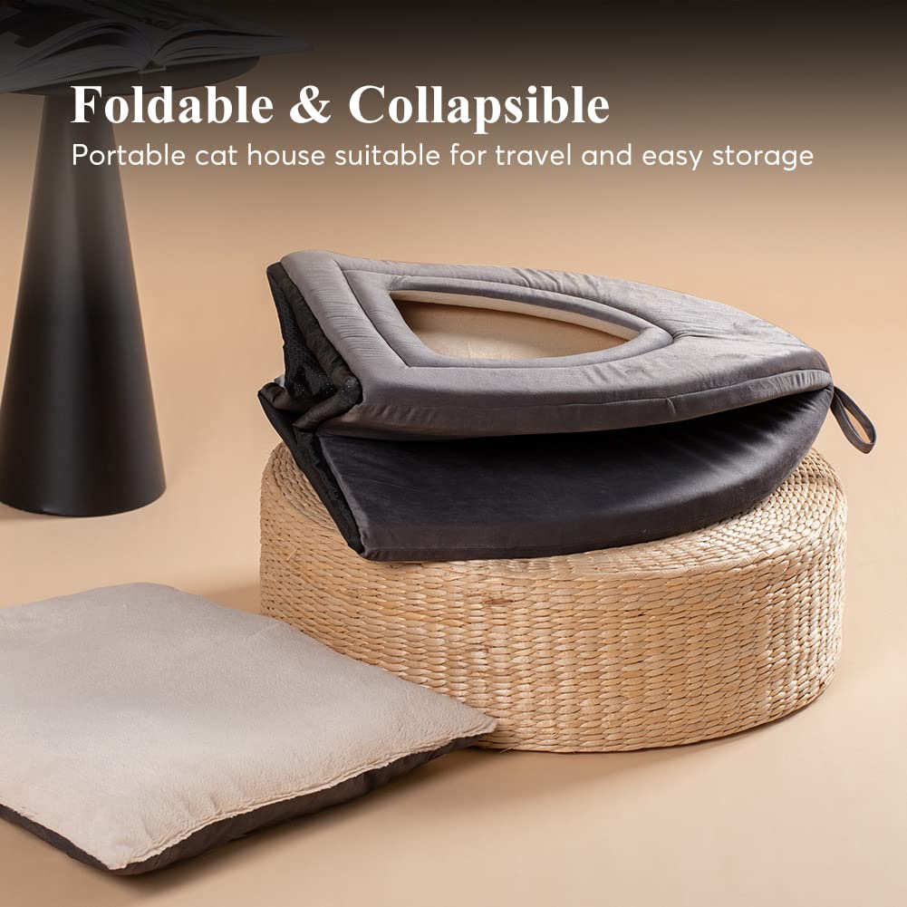 KASENTEX Cat Bed - 2-in-1 Indoor Cat House, Medium Dark Grey, Polyester, Model KVC2207, Removable Washable Pillow
