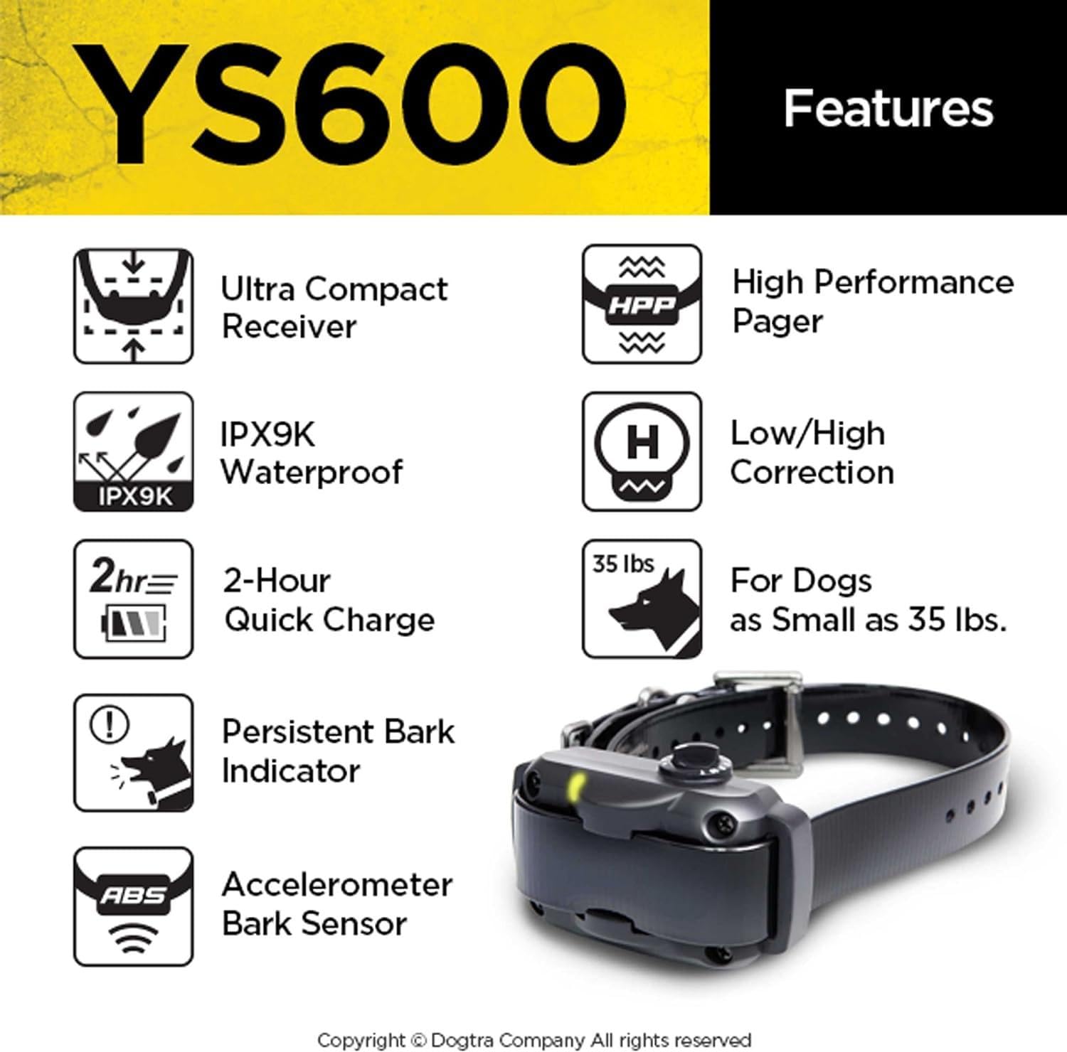 Dogtra YS600 Rechargeable Waterproof No Bark Collar - 1 Count, Plastic, YS600 Model, High-Output, YS600 NO BARK e-Collar