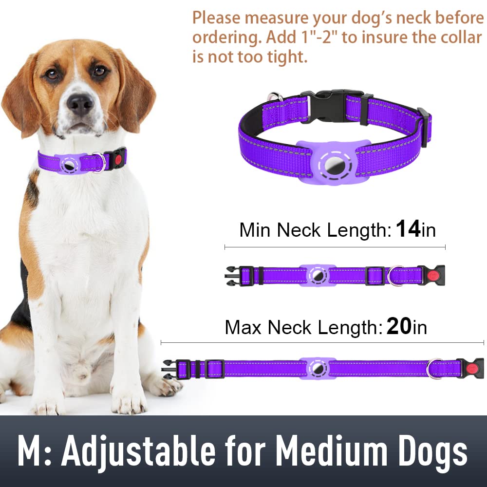 Erbine Airtag Dog Collar For Medium Dogs, Reflective Dog Collars With Airtag Holder, Soft Padded & Safety Locking Buckle, Nylon Pet Collar Adjustable For All Breeds, Purple