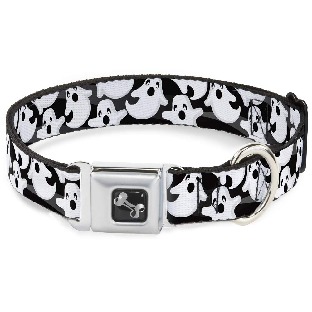Dog Collar Seatbelt Buckle Ghosts Scattered Black White 16 To 23 Inches 1.5 Inch Wide