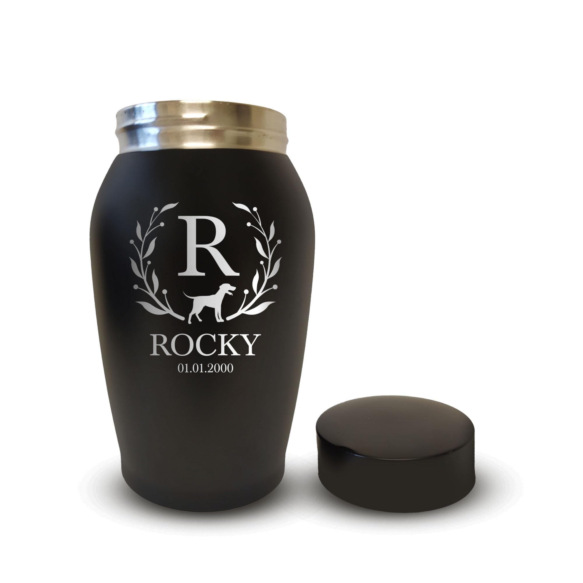 Personalized Custom Small Keepsake Urn Engraved With Pet Name, Date, And Dog Design - 5.2' Black Powder Coated Steel Cremation