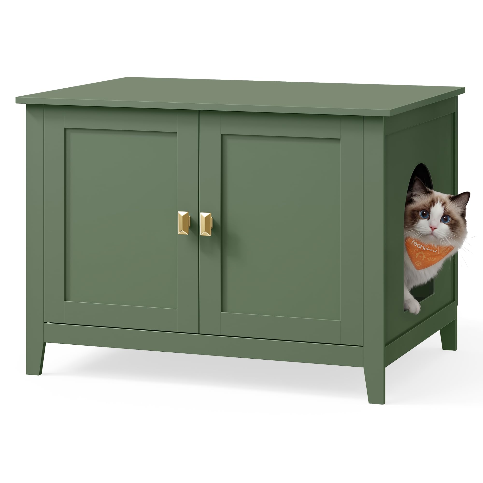 Feandrea Cat Litter Box Enclosure, Modern Hidden Cat Litter Box Furniture, Double Doors, Handles, Indoor Pet House Washroom, Liv