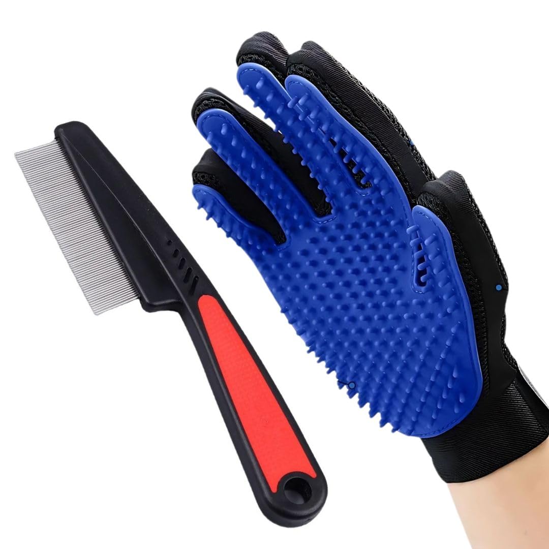 Pet Fun Flea Comb & Deshedding Glove Combo For Pet | Stainless Steel Flea Comb For Flea & Tick Removal Glove For Hair Removal | 