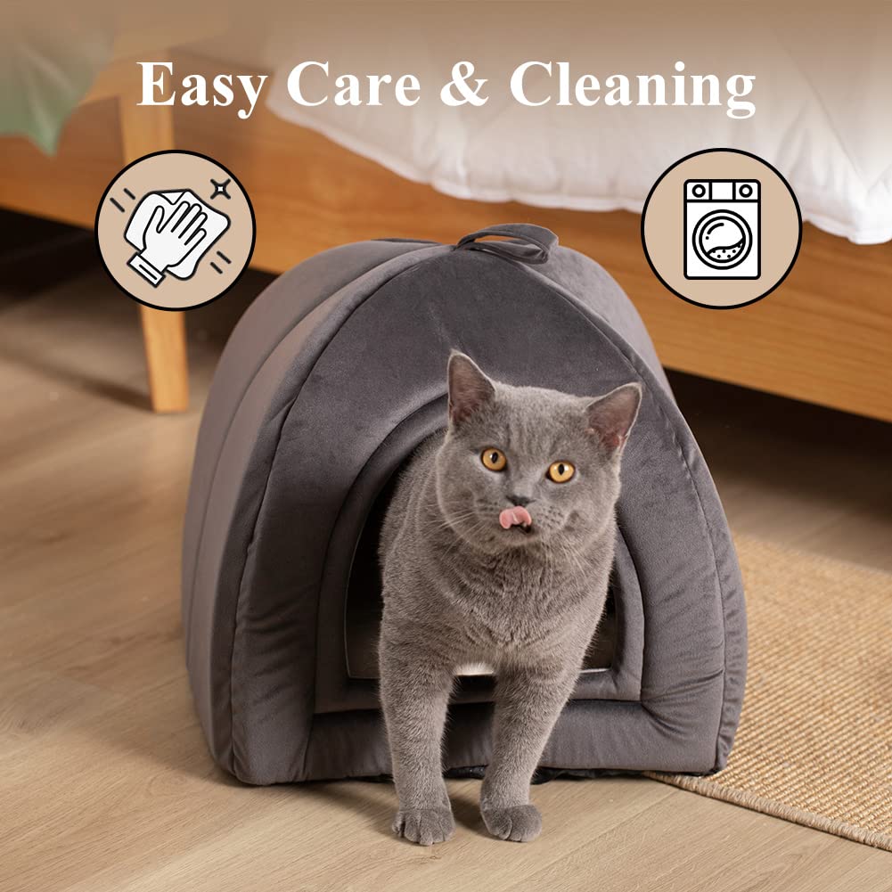 KASENTEX Cat Bed - 2-in-1 Indoor Cat House, Medium Dark Grey, Polyester, Model KVC2207, Removable Washable Pillow