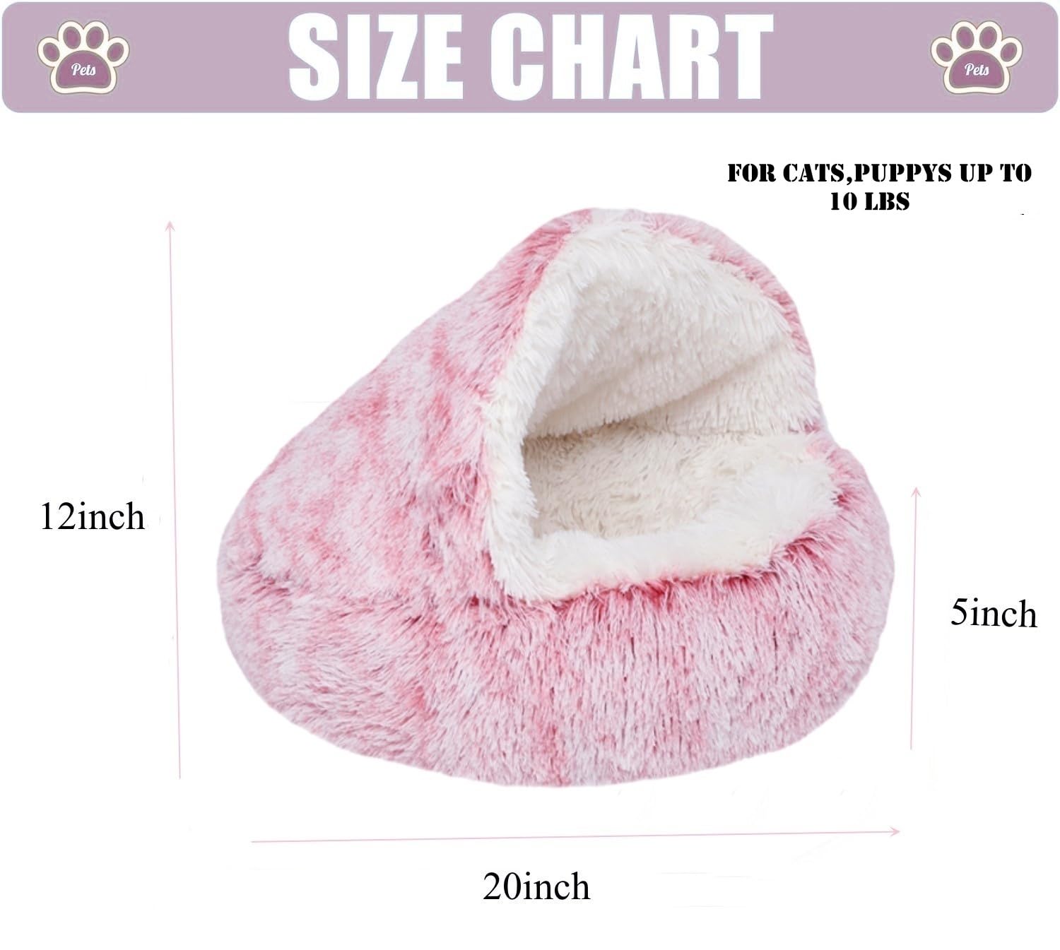Zanesun Calming Round Dog Bed & Cat Cave With Hooded Cover, Plush Fluffy Anti-Anxiety Cat Bed, Waterproof Bottom Washable (Pink,