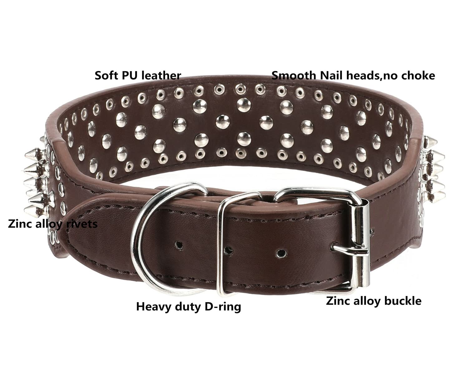 Hoot Pu Leather Adjustable Spiked Studded Dog Collar 2 Wide 43 Spikes (L(Neck 21-24), Dark Brown)