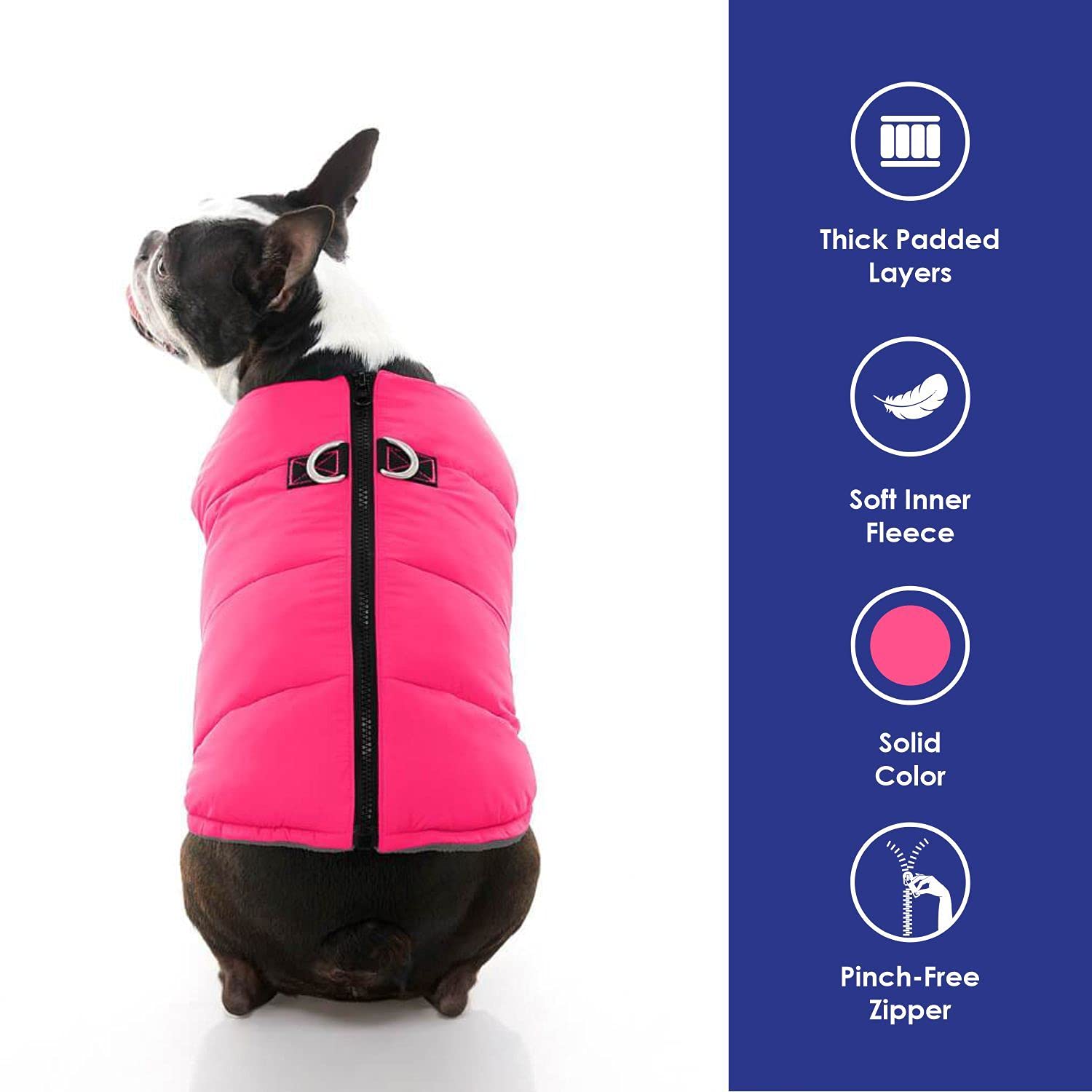 Gooby Padded Vest Dog Jacket - Solid Pink, Large - Warm Zip Up Vest Fleece Jacket With Dual D Ring Leash - Winter Water Resistan