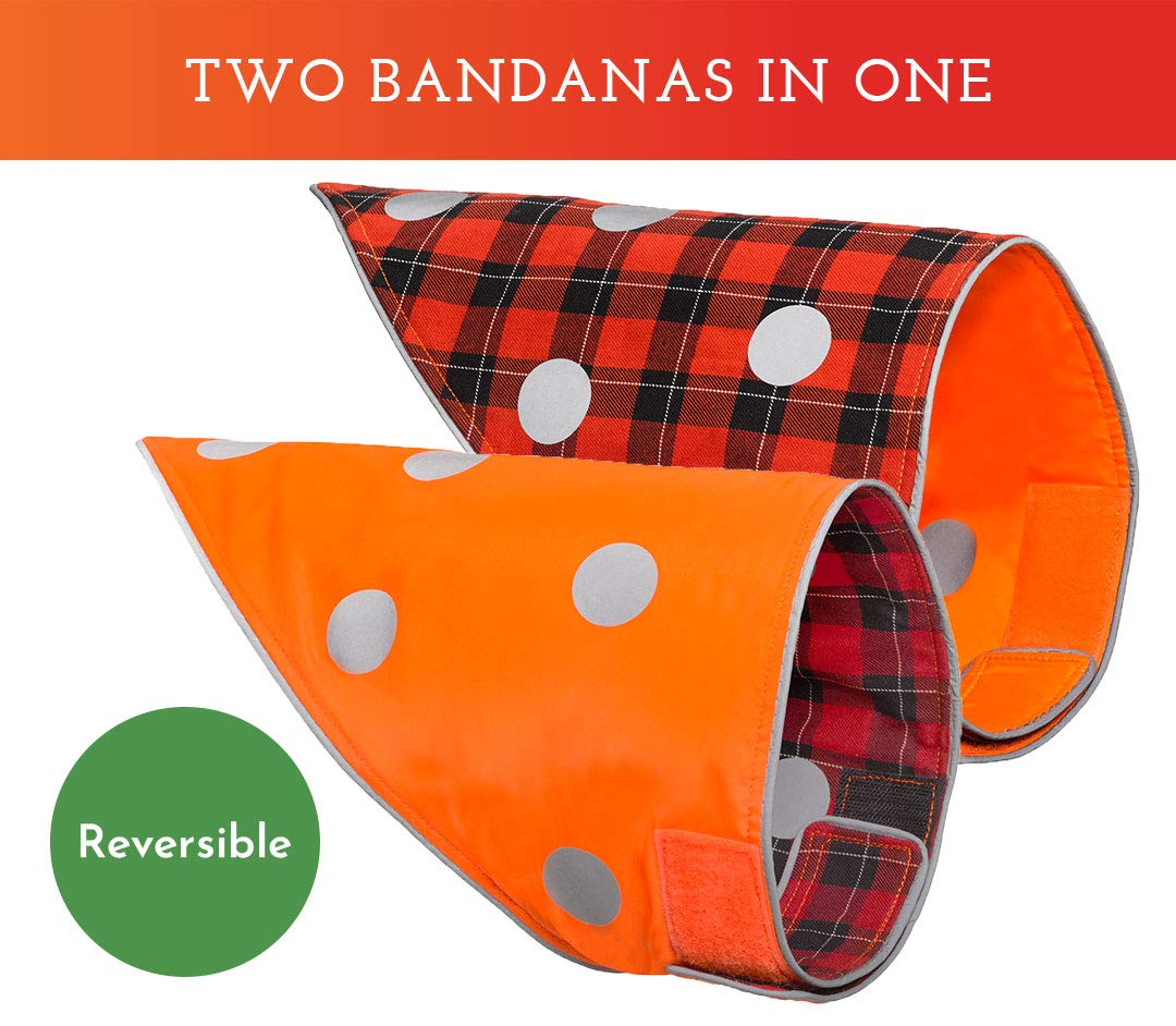 Spot The Dog! Reflective Dog Bandanas - Reversible High Visibility Safety Dog Accessories For Small, Large Dogs, Collar, Scarf, Bib Gear For Hunting, Walking At Night (Blaze Orange, Red Plaid, M-L)