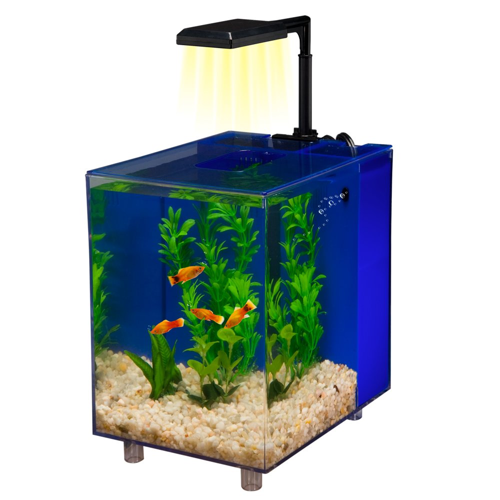 Penn-Plax Water-World Prism Nano Aquarium Kit – Includes Integrated Filter, 2 Filter Media Cartridges, Telescoping Led Light, And Tinted Cover – 2 Gallons – Black