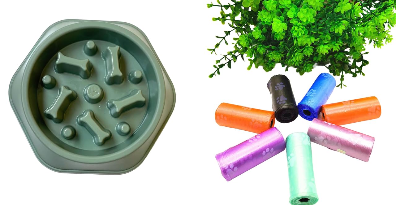 Urban Pet Gallery Pet Bowl, Feeding Bowl, Dog Bowl, Slow Eating Bowl For Dogs And Cats, Non Slip (Green) And Pet Waste Trash Bag