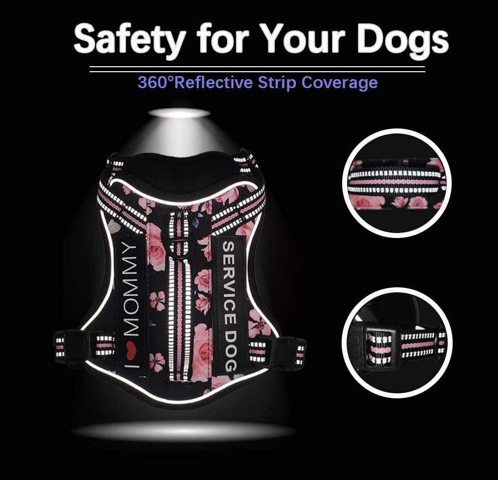 Foxyep Tactical Dog Harness - MOLLE Vest for Small Dogs, No Pull, Adjustable, Reflective Strap, XS, Pink Floral
