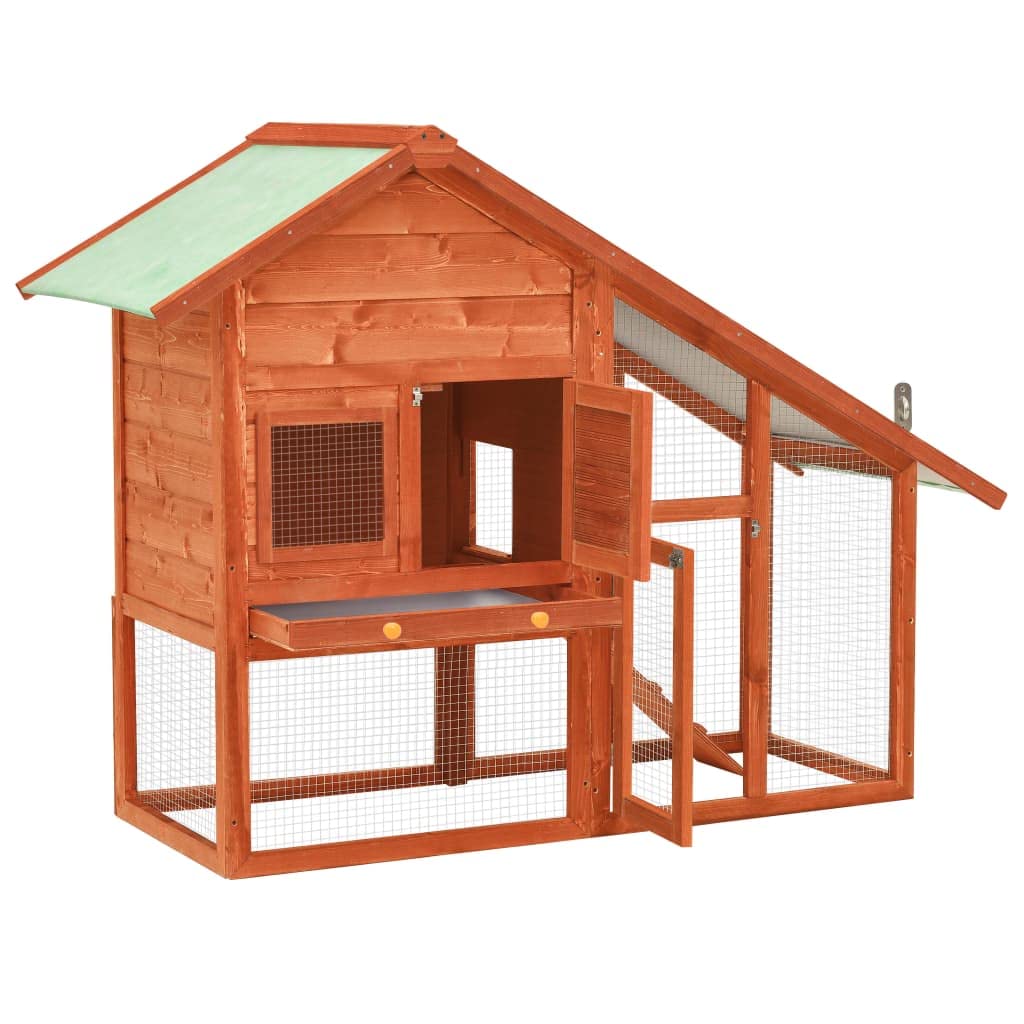 vidaXL Double-Layered Rabbit Hutch - Solid Firwood, Spacious Design, Easy-Climb Ramp, Pull-Out Tray, Steel Wire Mesh, Water-Resistant Roof Cover - Brown