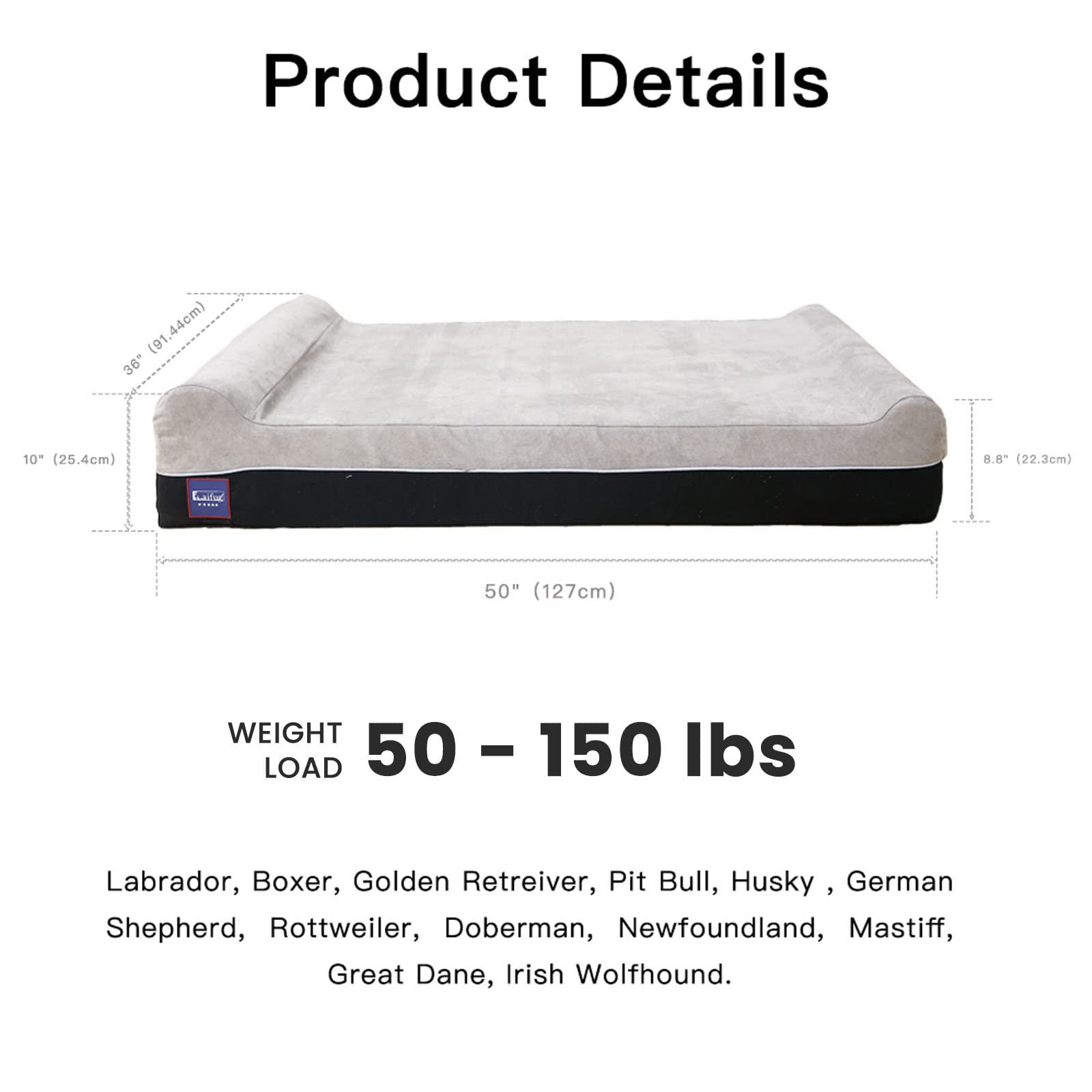 Laifug Orthopedic Memory Foam Extra Large Dog Bed Pillow(50'X36'X10', Slate Grey) Durable Water Proof Liner & Removable Washable Cover & Smart Design