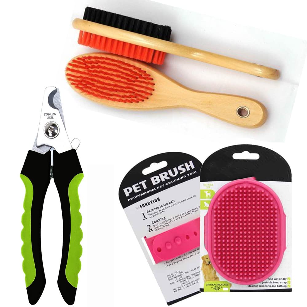 Black Dog Dogs Grooming Kit  Dog Grooming Wooden DoubleSided Brush + Nail Cutter + Pet Bath Brush Grooming Comb With Adjustabl