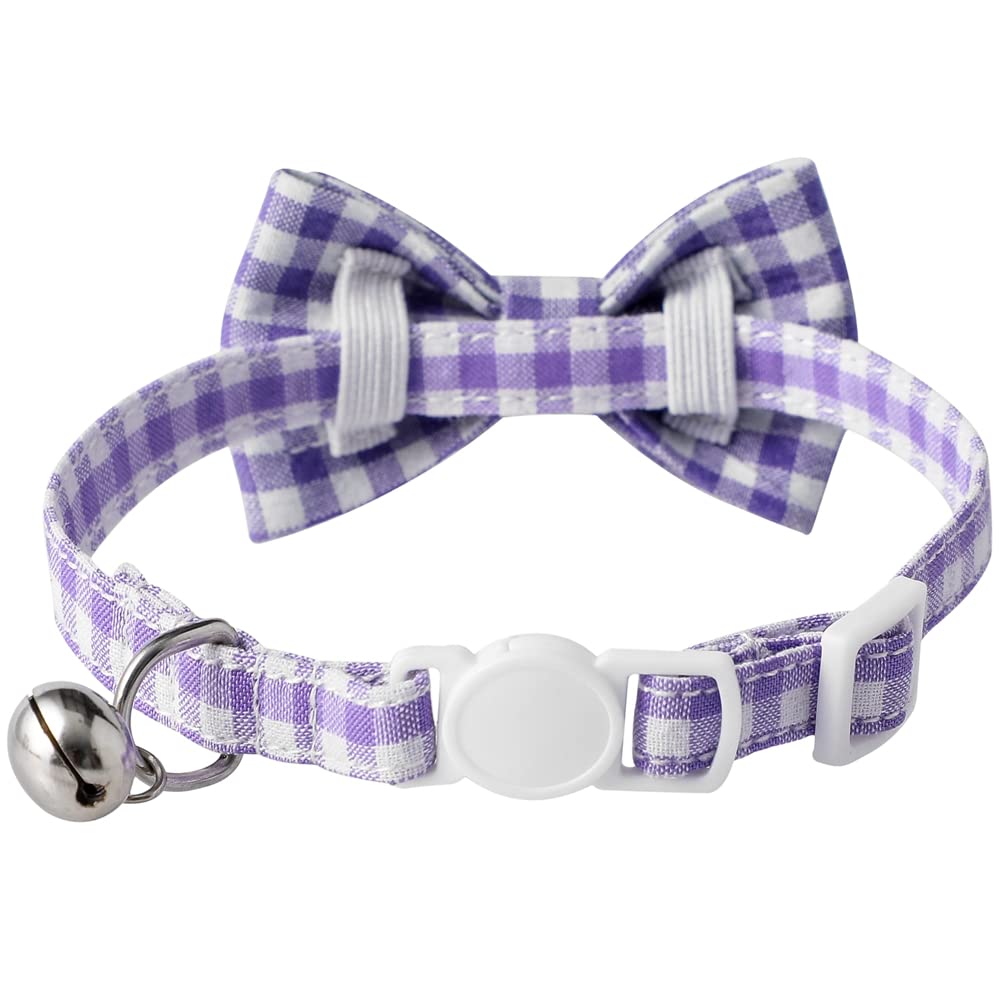 Aiitle Breakaway Cat Collar With Cute Bow Tie And Bell, Detachable Adjustable Safety Collars For Girl Cats And Boy Cats, Kittens, Puppy, Soft Stylish Plaid Patterns Cat Collars,Purple