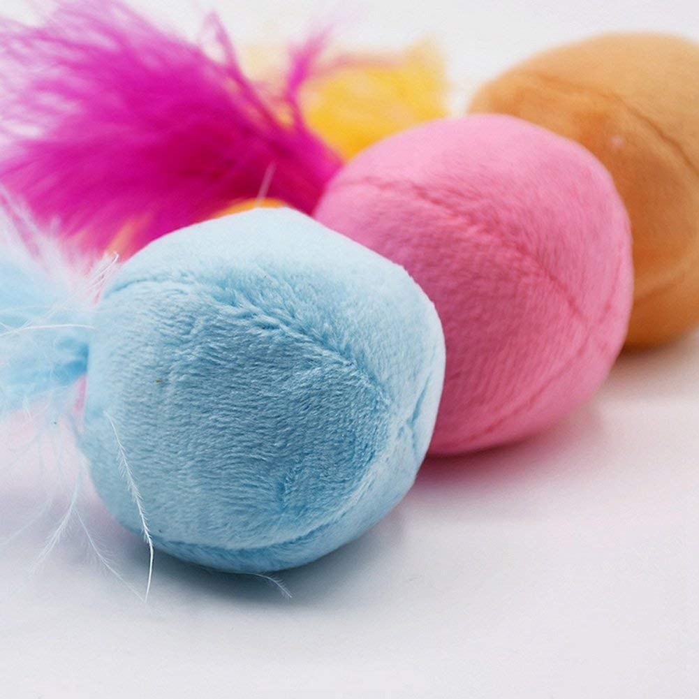Petfavorites Furry Rattle Ball Cat Toy With Feather And Catnip - Interactive Pom Pom Balls For Cats, Soft And Lightweight, 2 Inch, 3 Pack.