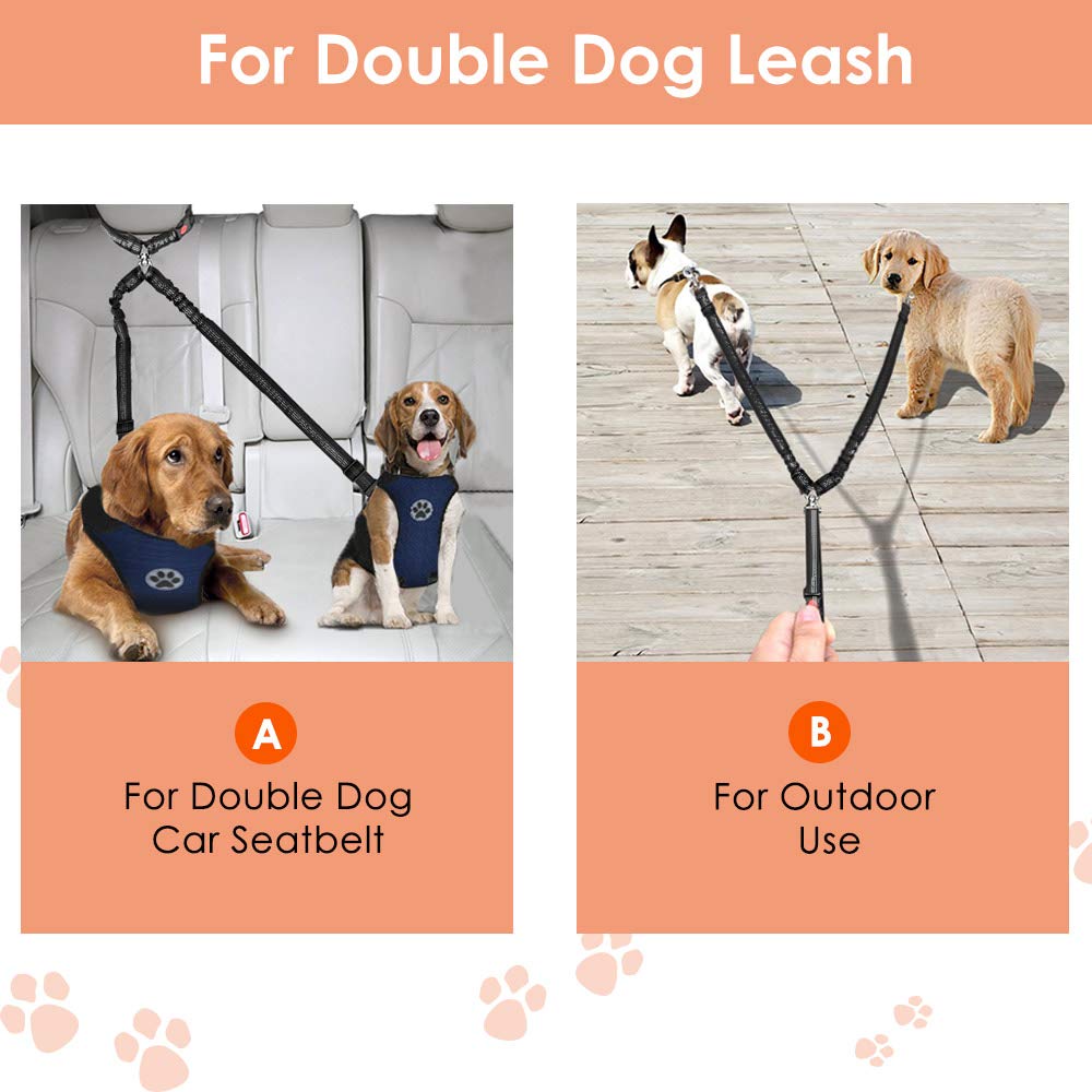 Autowt Double Dog Seat Belt, New Dual Pet Car Headrest Restraint Safety Seatbelt No Tangle Dog Leash Duty Adjust Elastic Bungee Puppy Lead Splitter Connect Harness In Vehicle Travel For 2 Dogs