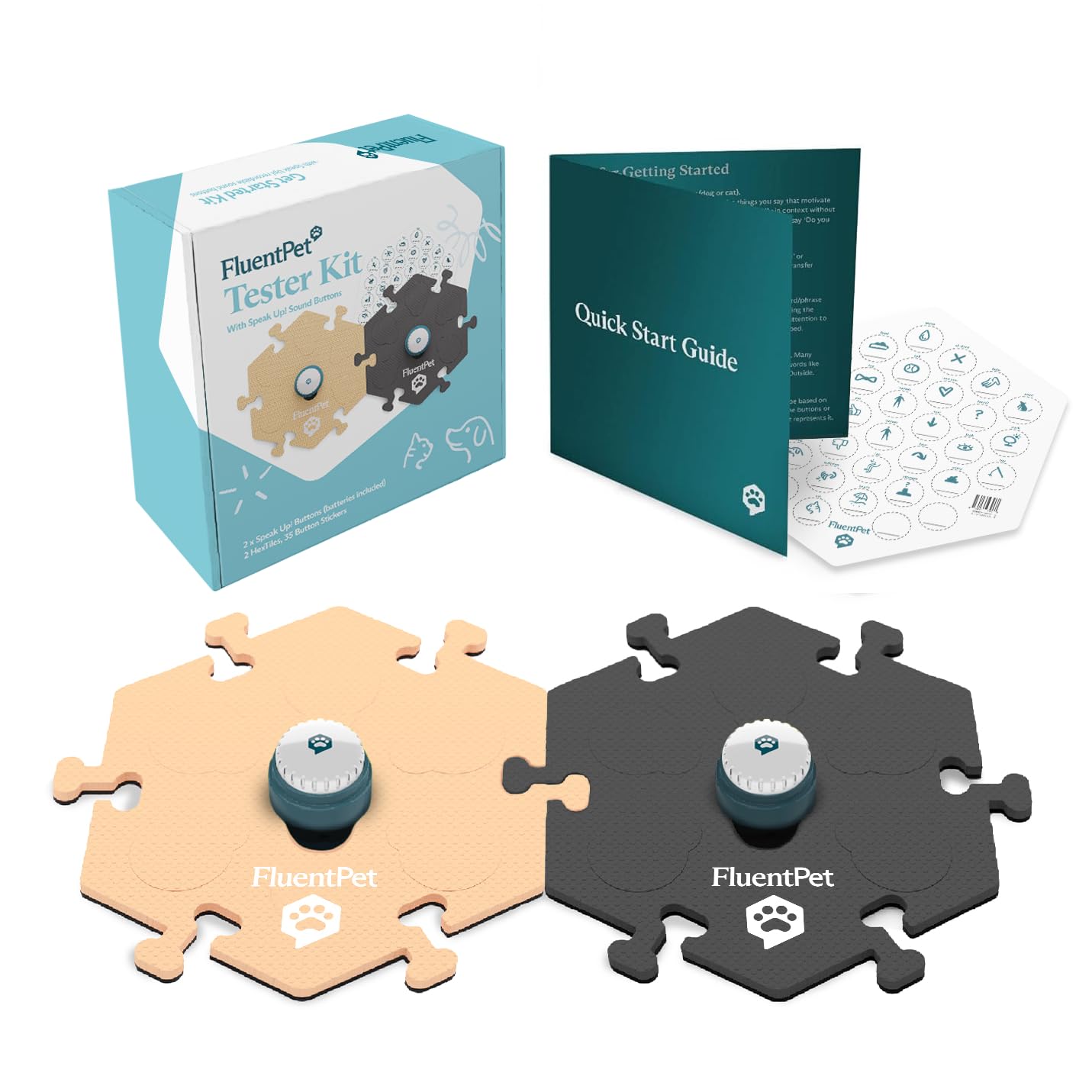 FluentPet Speak Up! Tester Kit - Set of 2 Dog Talking Buttons with Pre-Installed Batteries & 2 HexTiles -| Pet Buttons for Commu