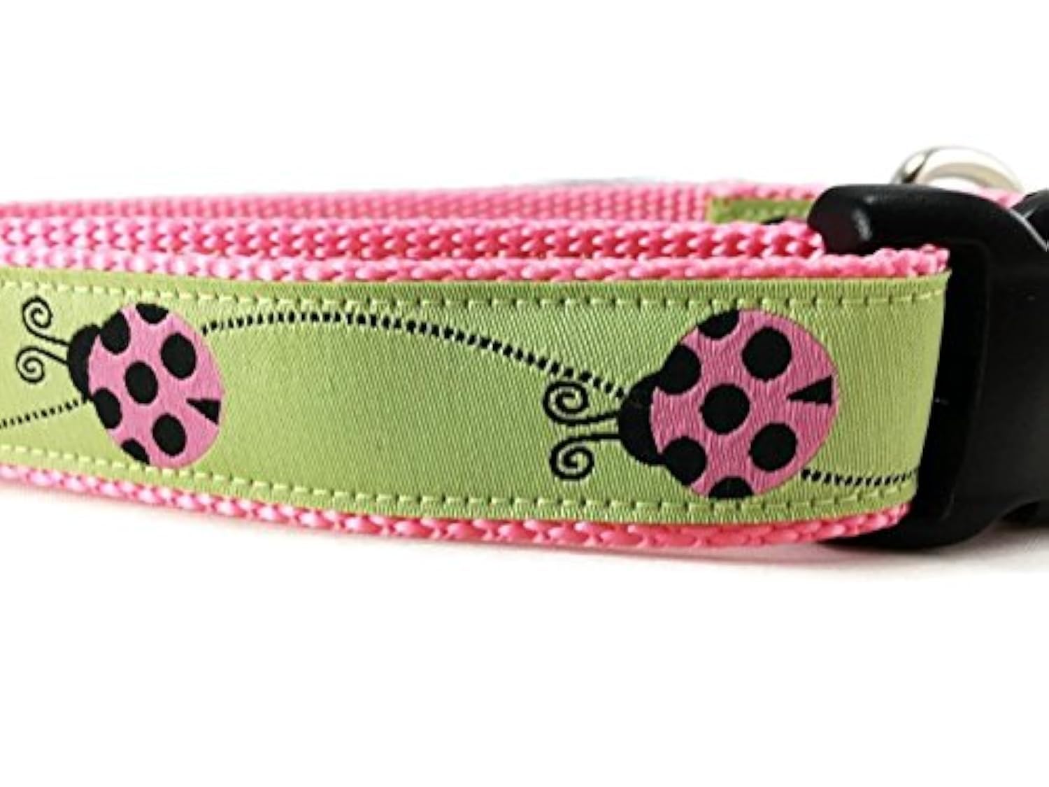 Ladybug Dog Collar, Caninedesign, Green, Pink, 1 Inch Wide, Adjustable, Nylon, Medium And Large (Large 15-22)