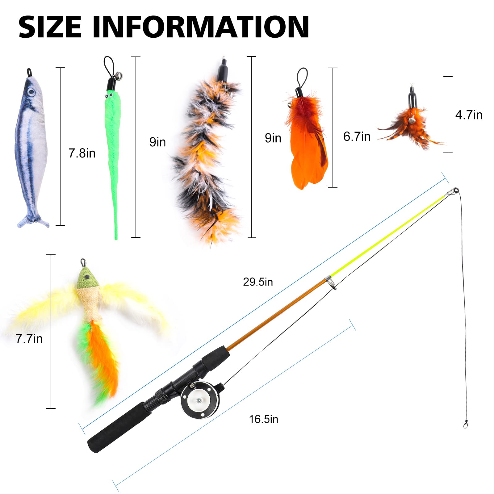9 Pcs Cat Fishing Pole Toy, Retractable Cat Feather Toys With Cat Wand Plush Fish Worm Feathers With Bells Catnip Interactive Cat Teaser Toys For Kitten Cat