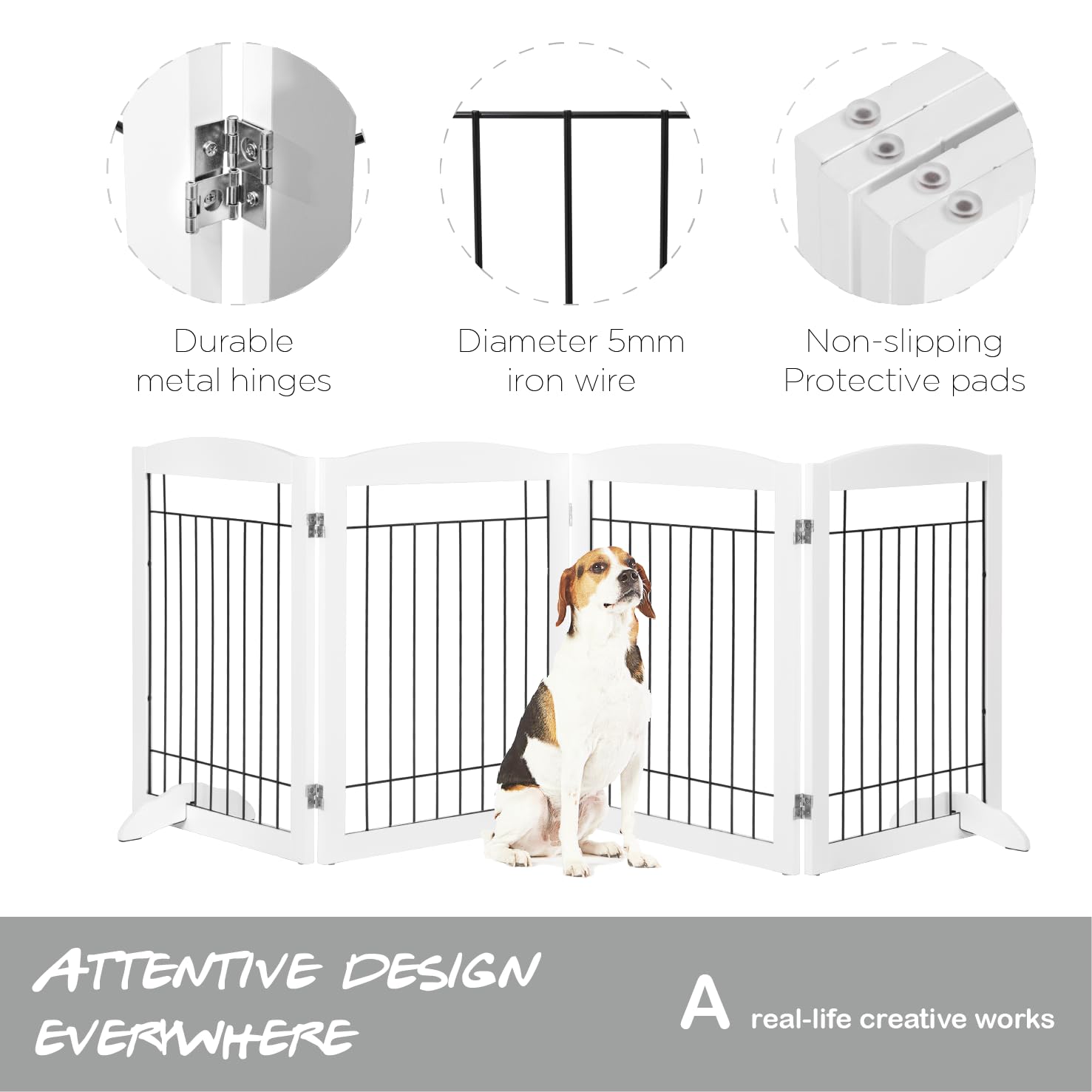 PAWLAND Extra Wide Dog Gate - 4 Panel Wooden Pet Fence, 96"W x 30"H, Freestanding, White, Model SS18-UTXP204