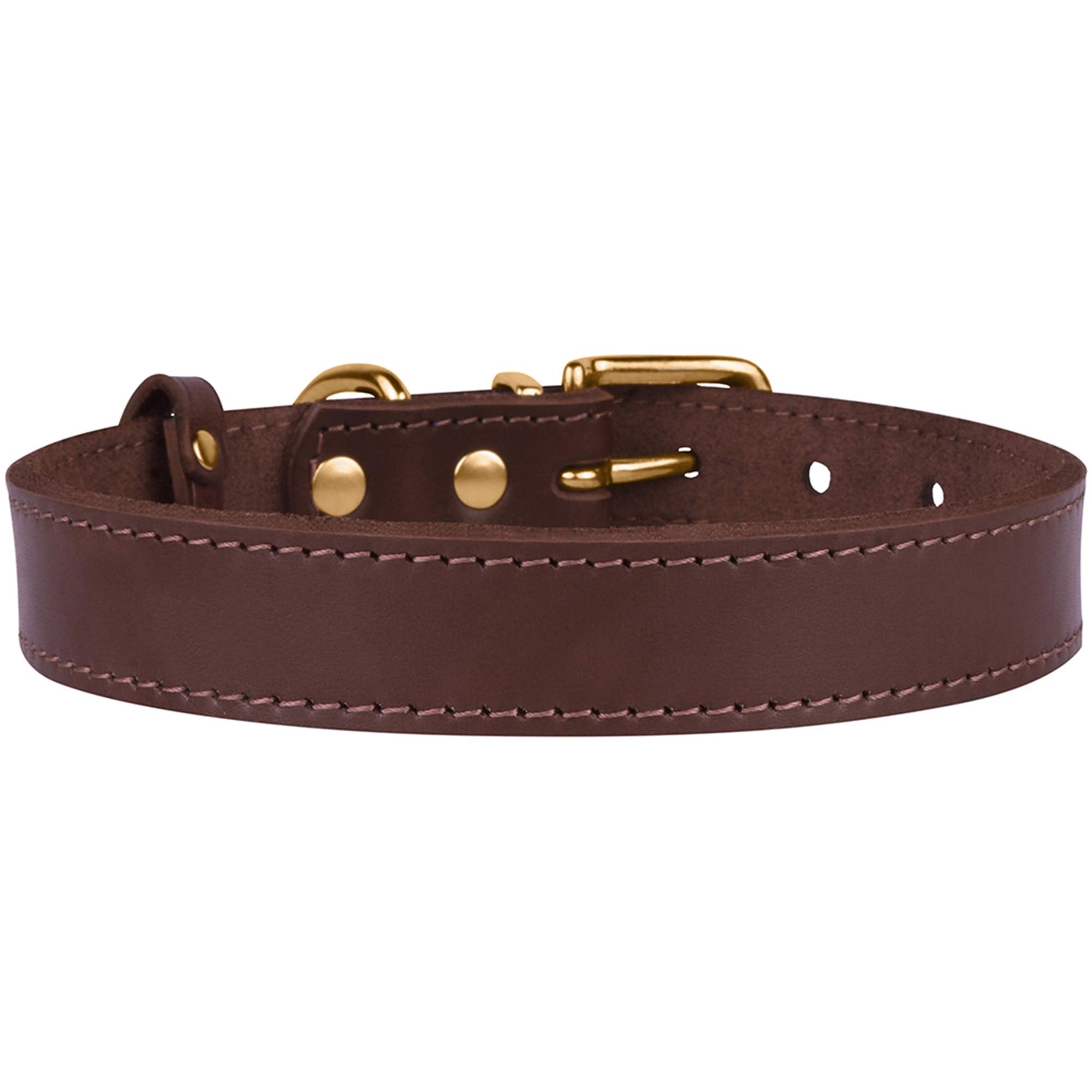 Bronzedog Leather Dog Collar With Metal Buckle Durable Basic Pet Collars For Small Medium Large Dogs (19-21 Inch (Pack Of 1), Dark Brown & Gold Buckle)