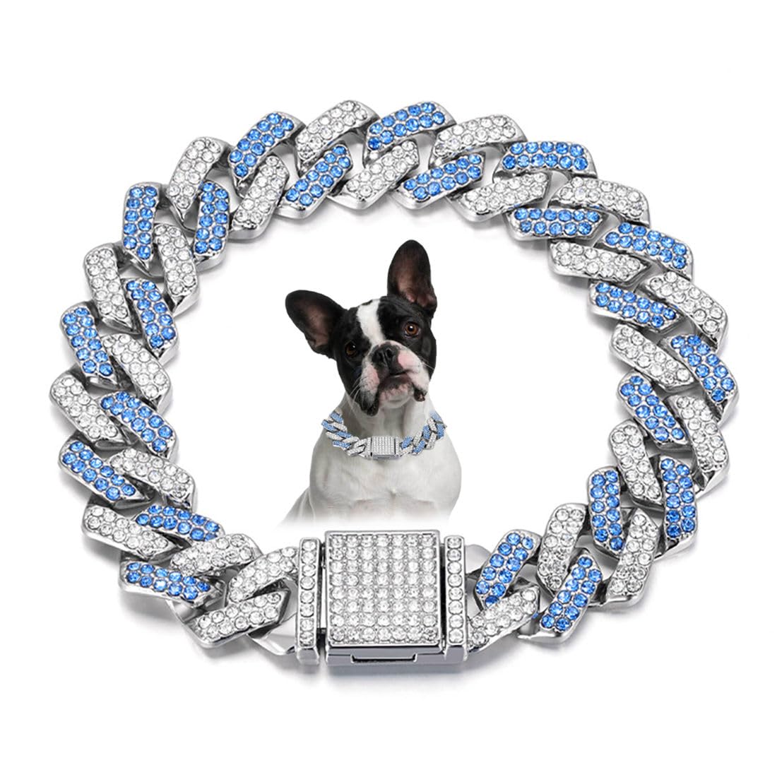 Blue Dog Necklace, Diamond Cuban Link Bling Dog Collars Glitter Chain Rhinestone Dog Collar For For Small Medium Large Pet Dogs,