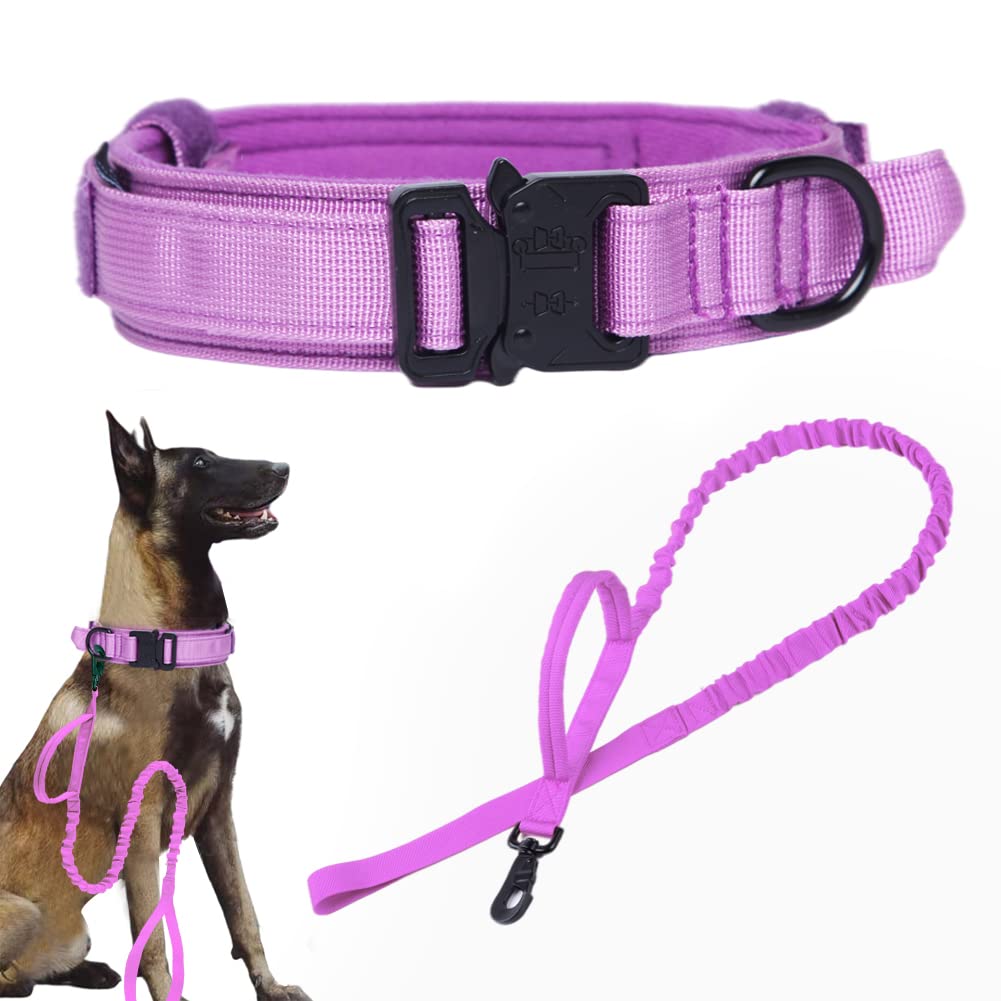 Tactical Dog Collar And Leash Set Tactical Dog Collar With Handle Bungee Leash Adjustable Military Training Nylon Collar Dog Training Collar Leash Set With Control Handleand Metal Buckle(Purple M