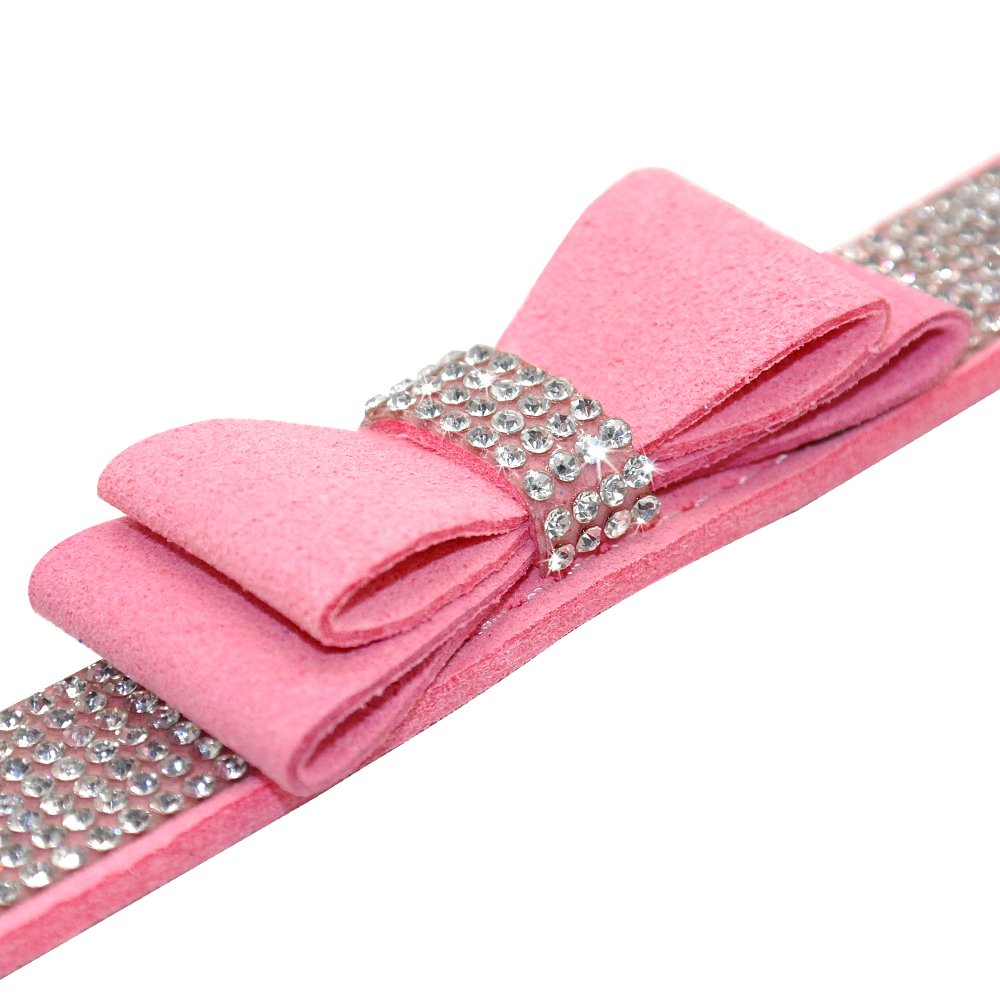 Beirui Rhinestone Bling Leather Dog & Cat Collar - Flocking Sparkly Crystal Diamonds Studded - Cute Double Bowknot For Pet Show & Daily Walking,Pink,Medium Neck Fit 12.5-15'