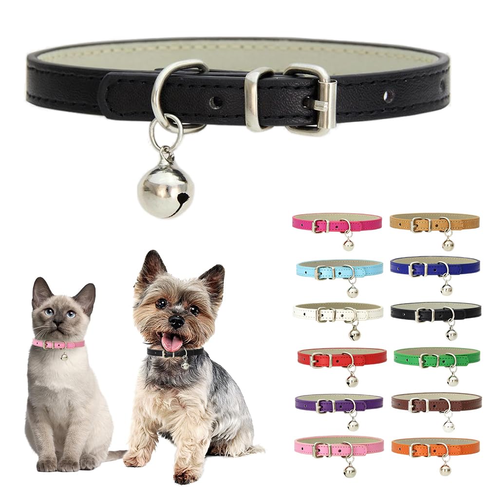 Black Xs Dog Collar With Bell,Soft Pu Leather Female Puppy Collar With Bells Basic Girls Cat Collar With Bells For Xxs Xsmall Sm